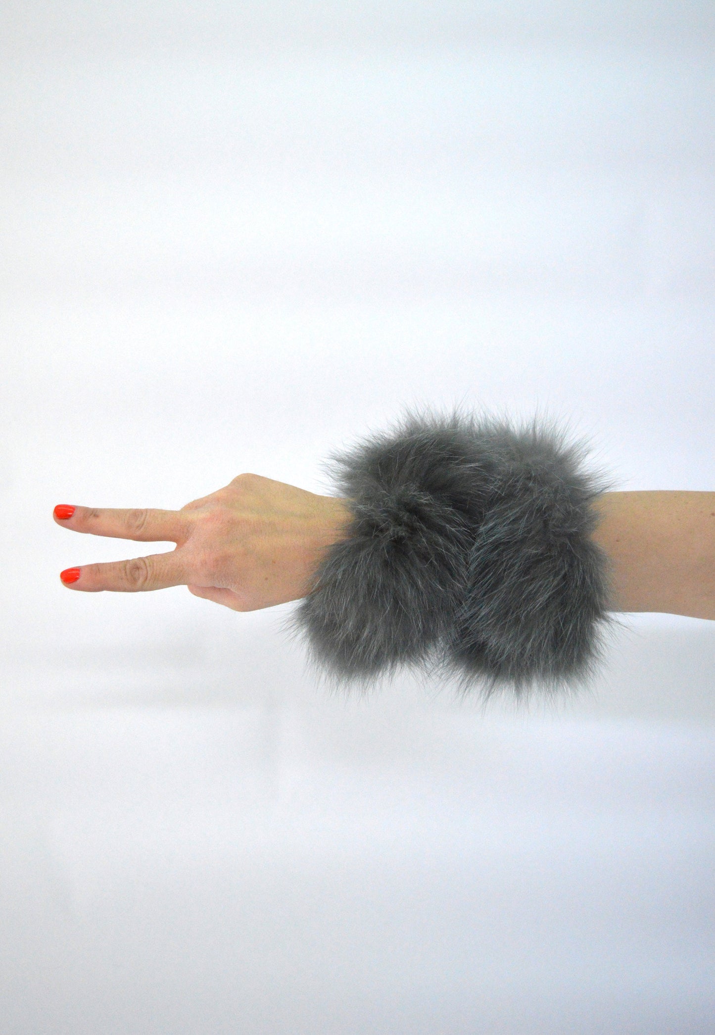 Gray Fox Fur Scrunchie: Fluffy Hair Elastic Bangle
