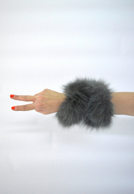 Gray Fox Fur Scrunchie: Fluffy Hair Elastic Bangle