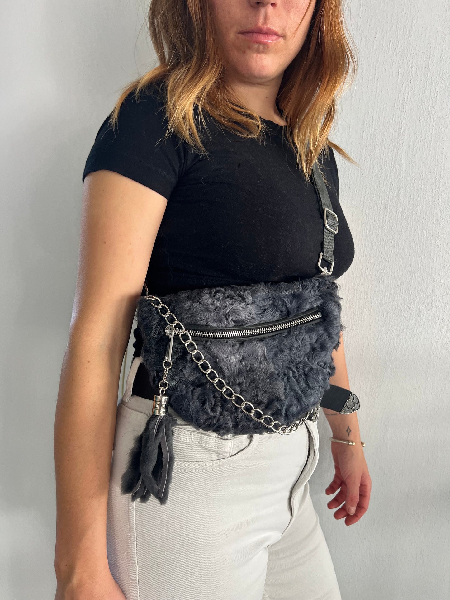 Graphite Lamb Fur Bumbag: Handmade Waist or Shoulder Bag