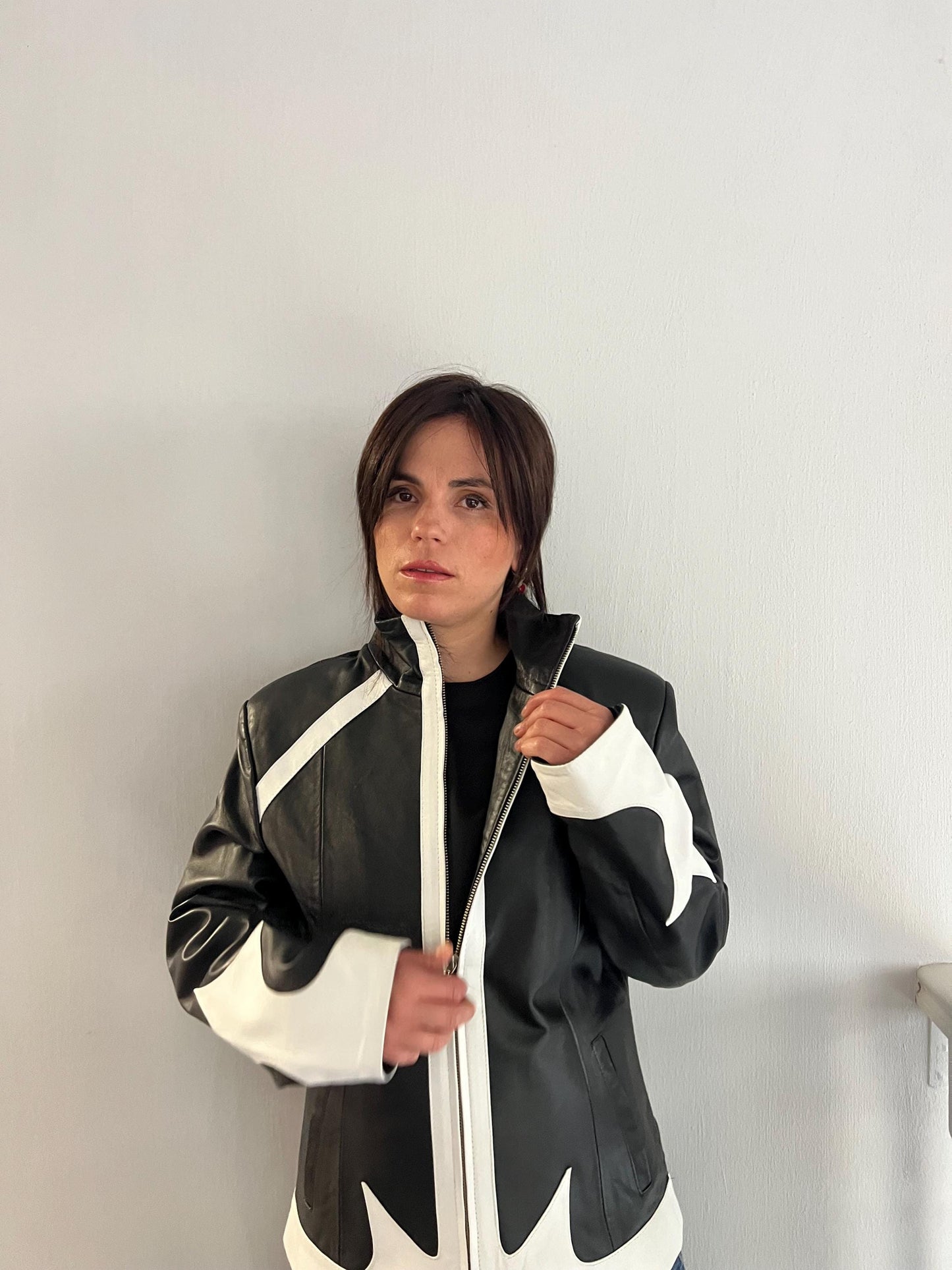 Handmade Black and White Lambskin buttery zipped up Leather Jacket - Medium