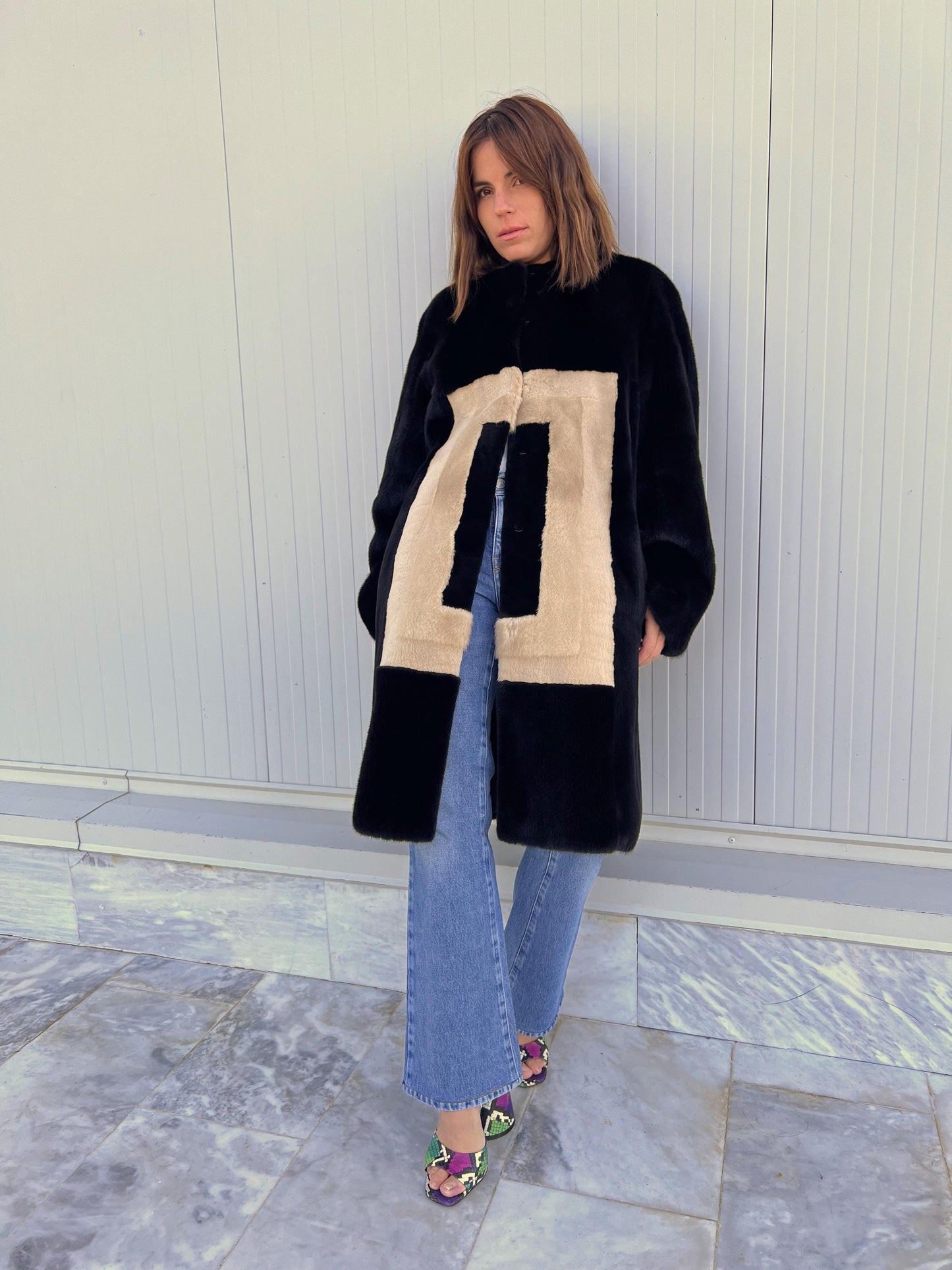 Blackglama Mink Fur Coat, Geometric Intarsia Design, Artisanal  Stroller