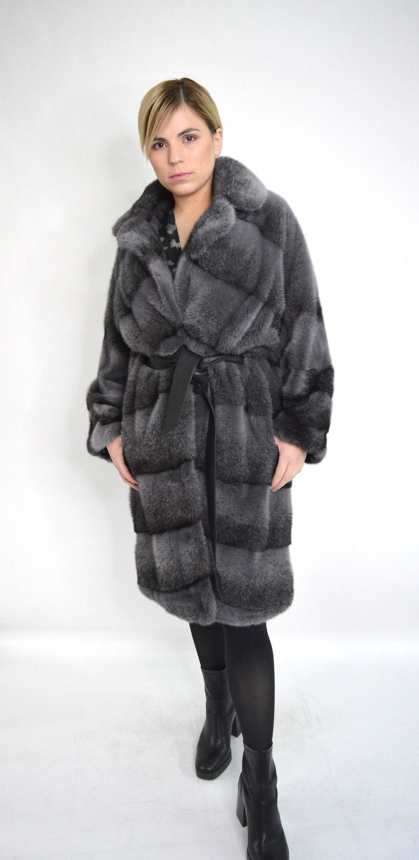 Grey Mink Fur Kimono Coat: Black Cross Dyed, oversized with Leather Belt