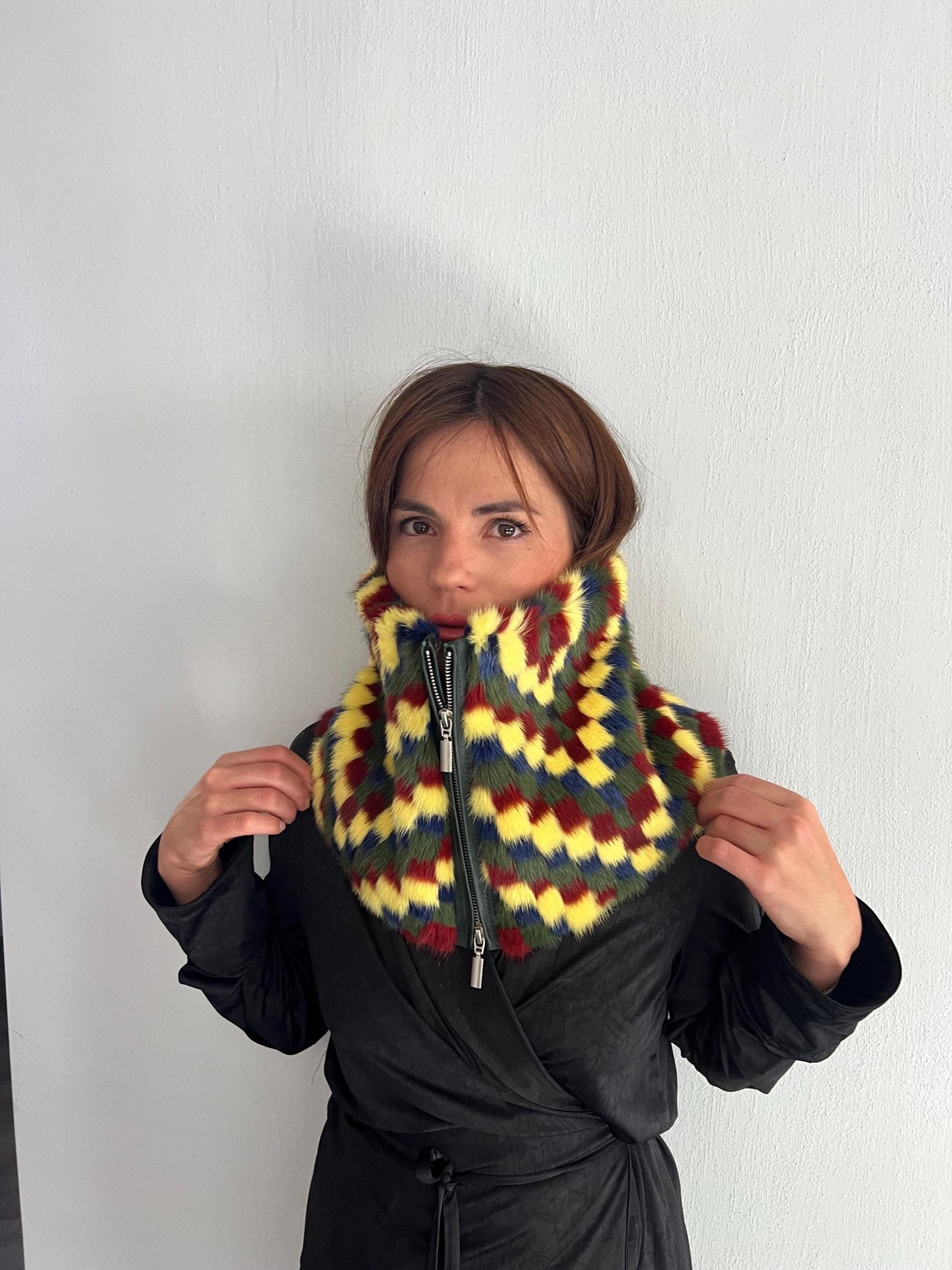 Multicolor Mink Fur Cowl Scarf: Zipped Leather Detail, Handmade