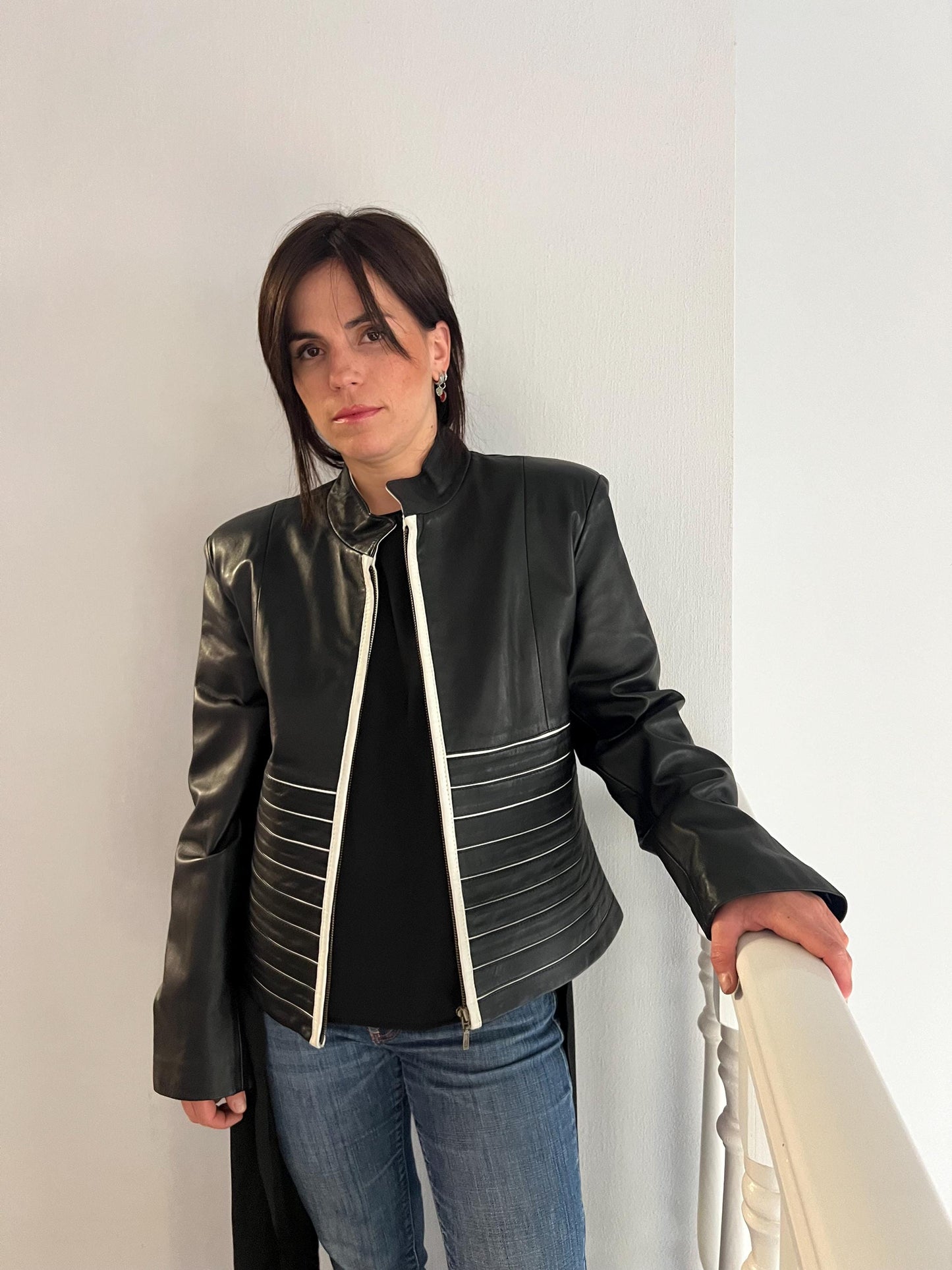 Handmade Black and White Lambskin buttery zipped up Leather Jacket - Medium