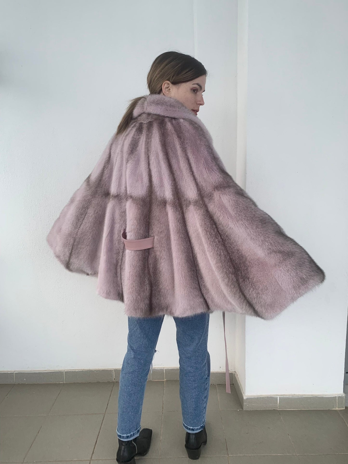 Pink & Black Cross Mink Fur Cape with Leather Belt