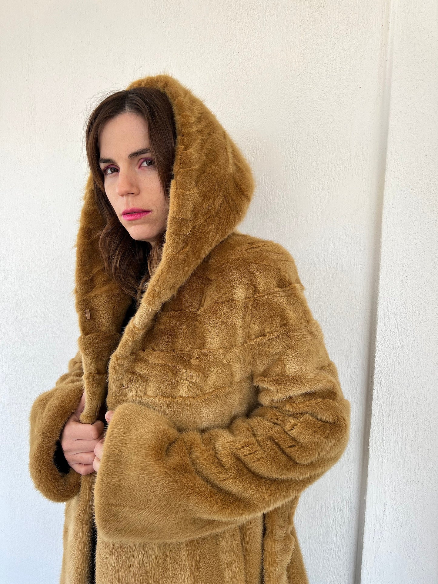 Camel Mink Fur Hooded Jacket with Belt - Luxury Gift