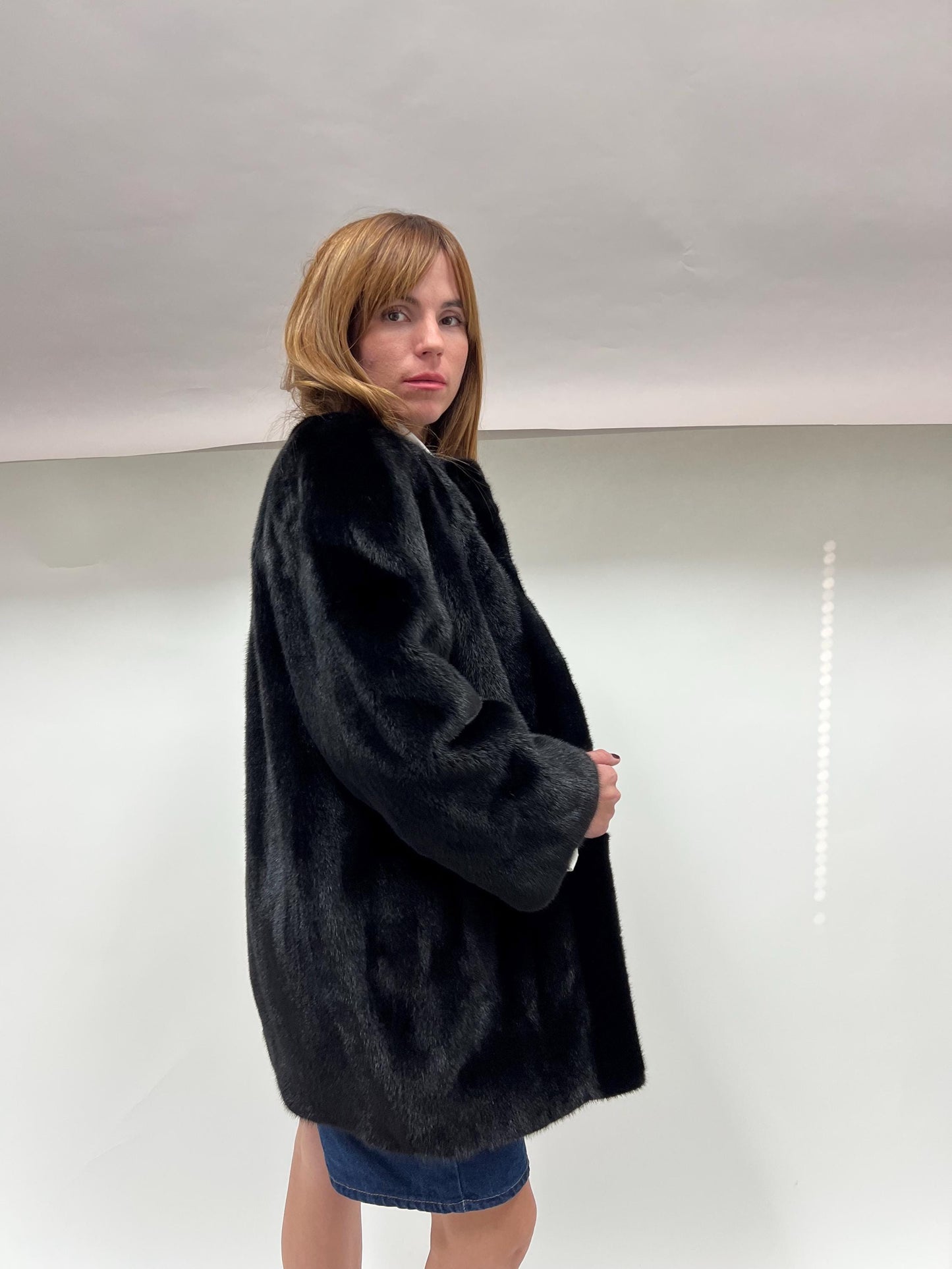 Black Velvet Mink Fur Robe Coat - Saga Pelts, Collarless