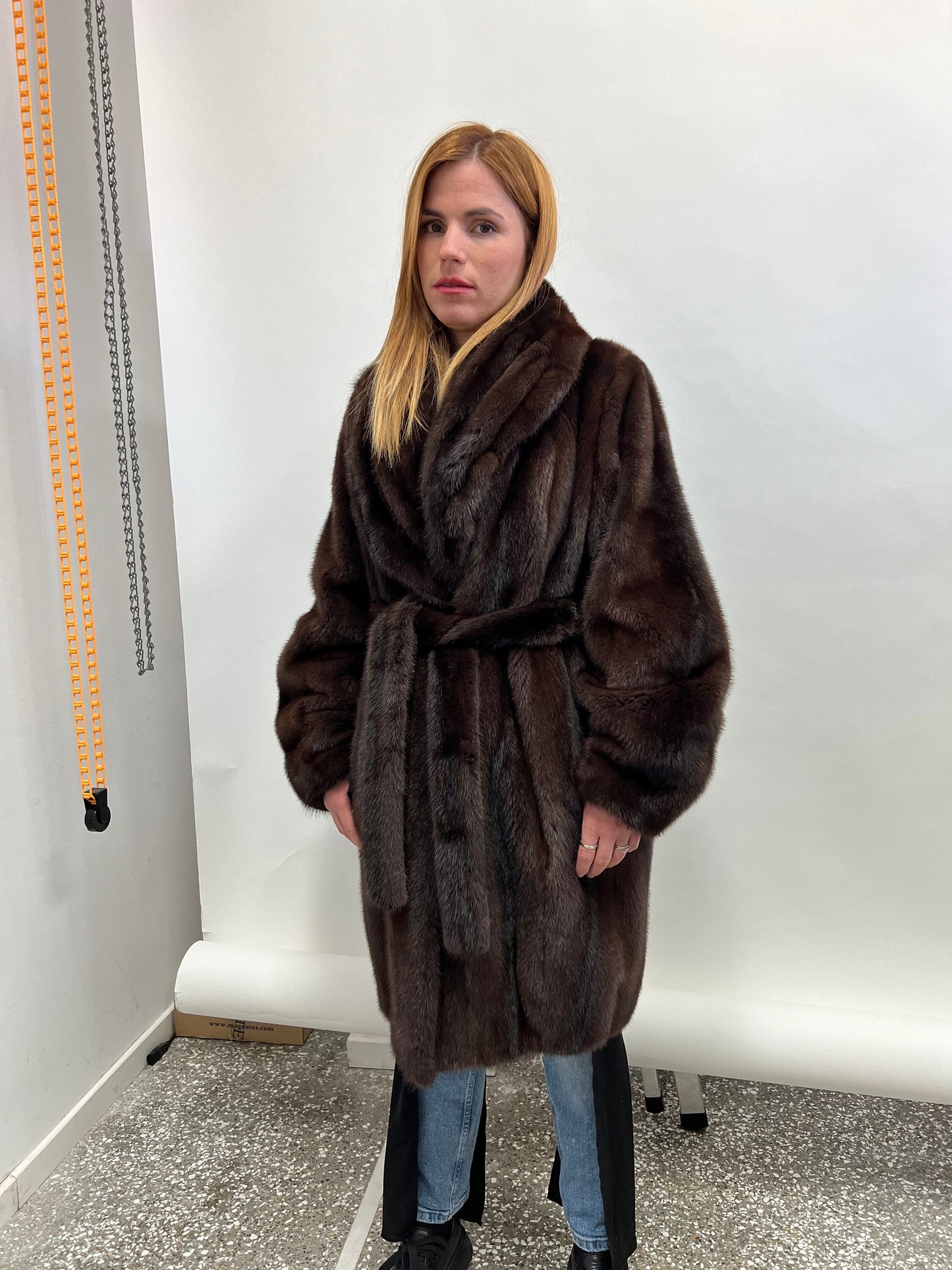 Choco Brown Mink Fur Coat: Big Collar Belted Stroller, Size Medium