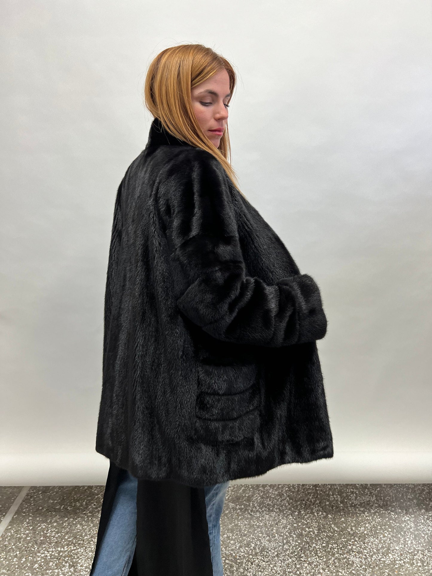 Black Mink Fur Coat, Boxy Jacket with Collar, Size Small