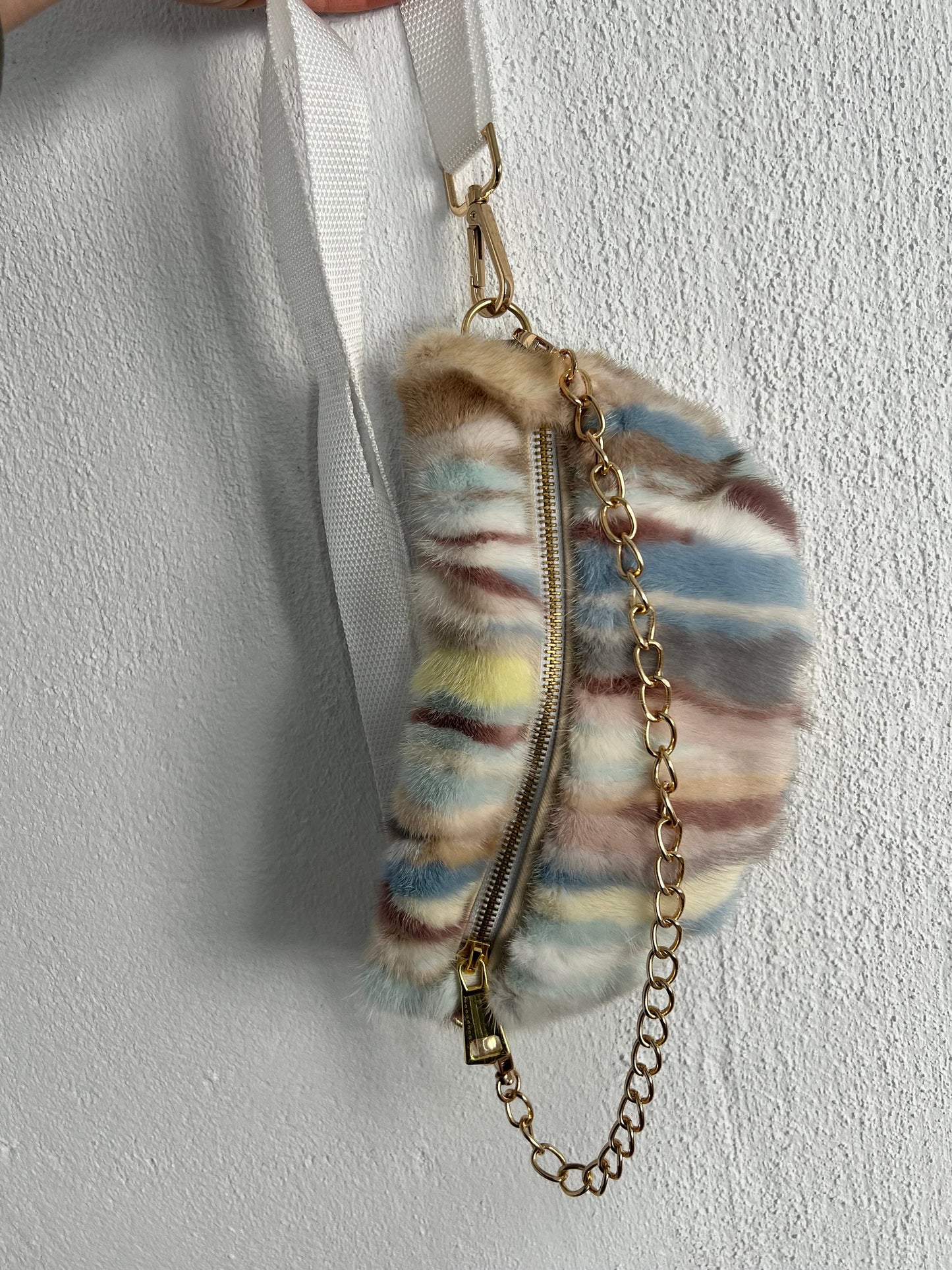 Real mink fur bumbag in multicolor with chain and zipper,fanny pack for waist, back or shoulder. Soft and lined fanny fur bag. Luxury gift