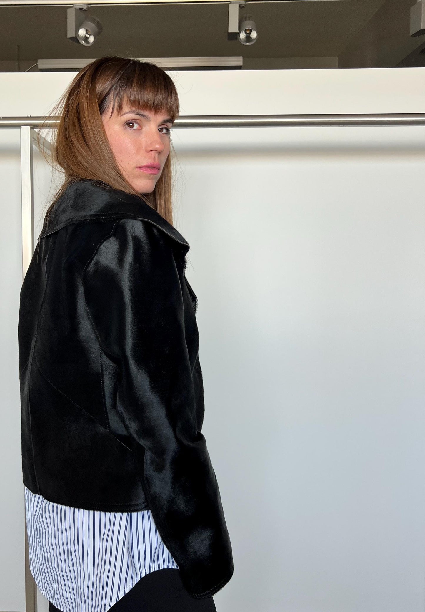 Genuine Hair-On Leather Jacket: Black Calf Fur Coat, Handmade in Greece