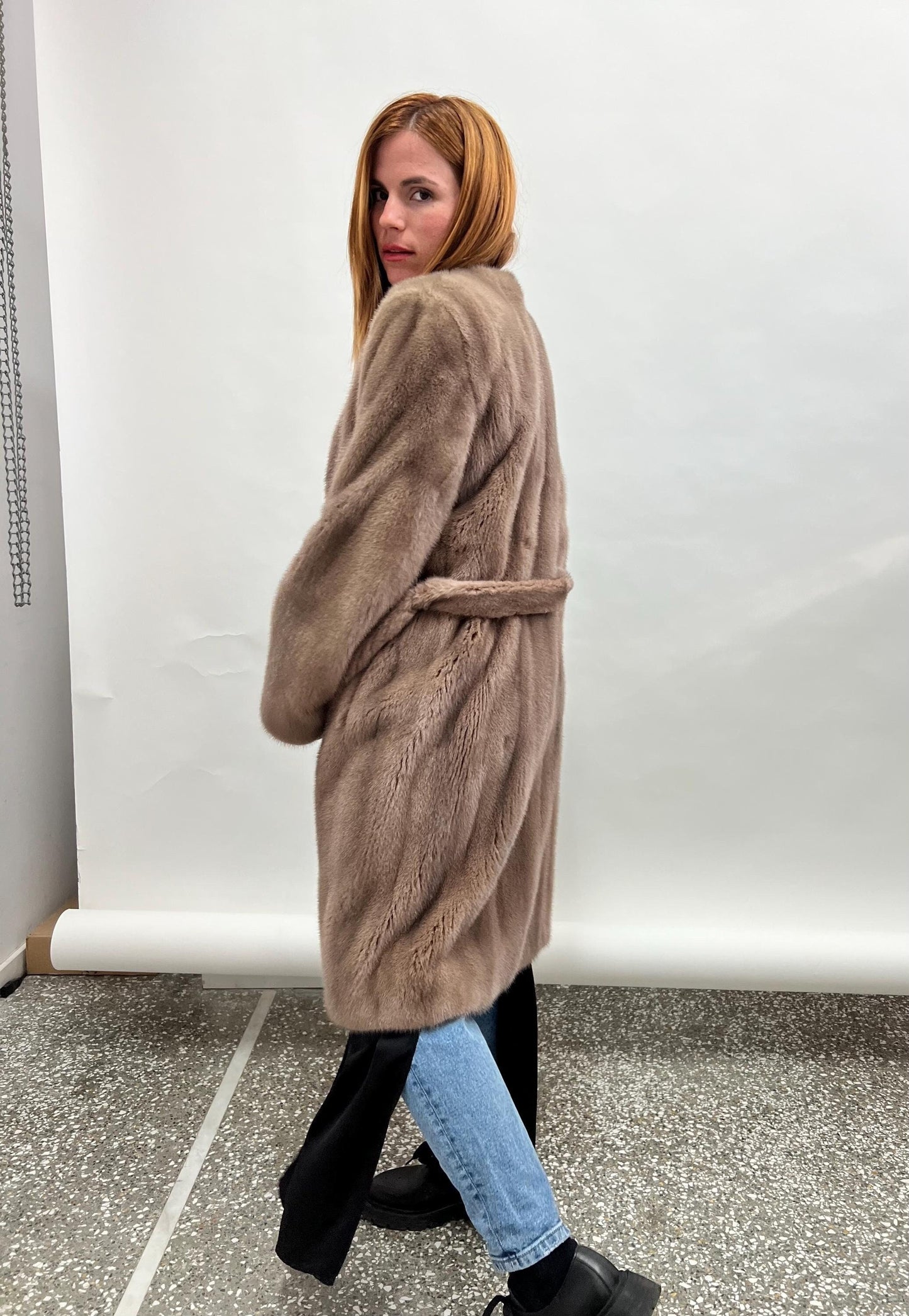 Cappuccino Mink Fur Coat: Saga Pelts, Belted Stroller