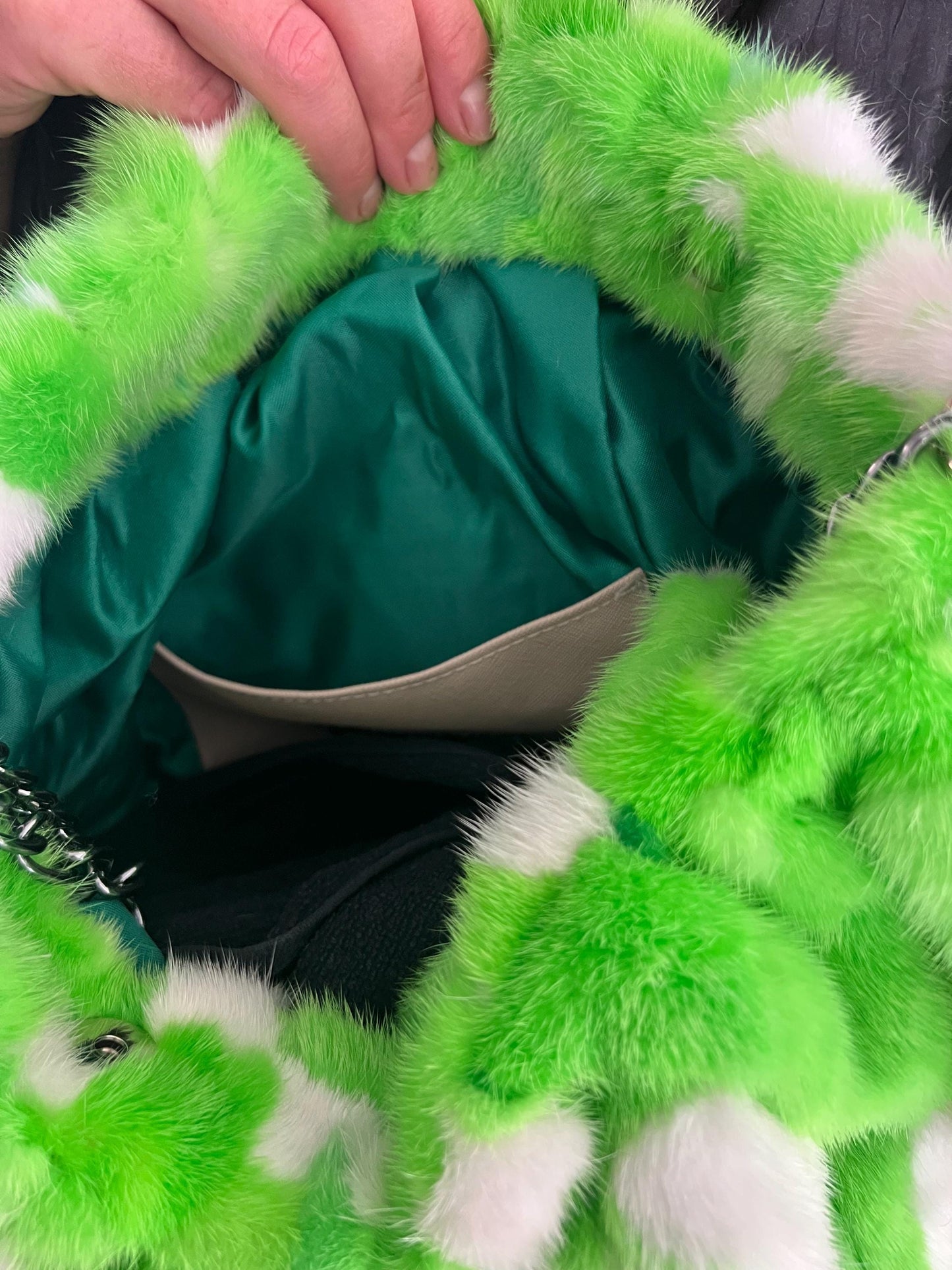 Handmade Mink Fur Shoulder Bag: Green & White Slouchy Crossbody