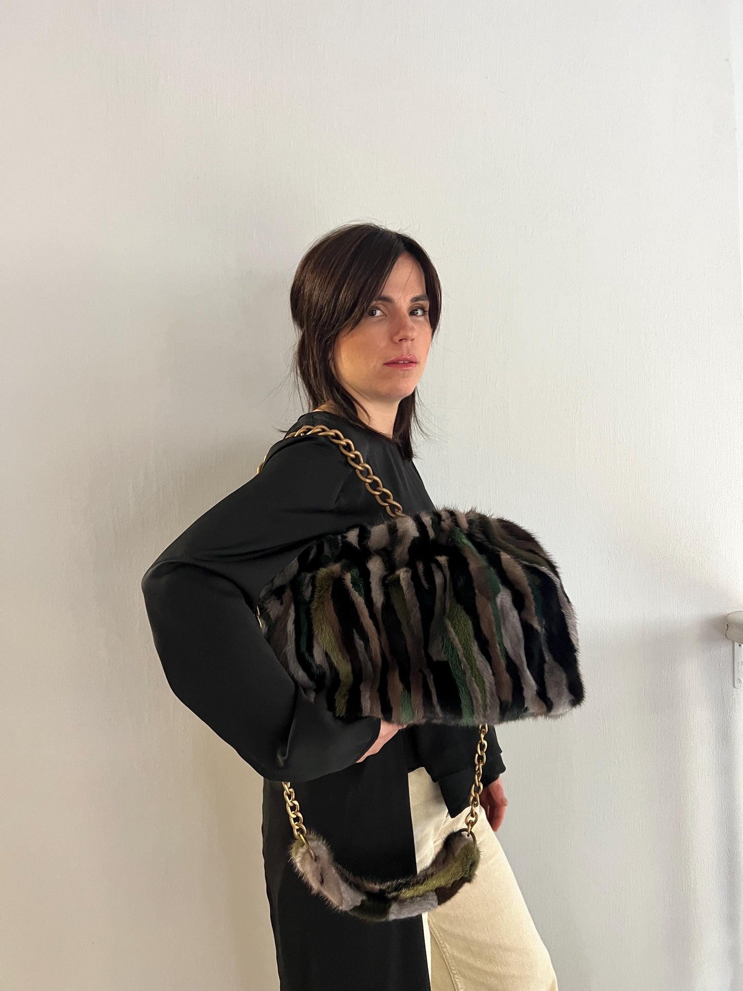 Handmade Mink Fur Slouchy Shoulder Bag: Luxury Cross-body Purse in army shades.