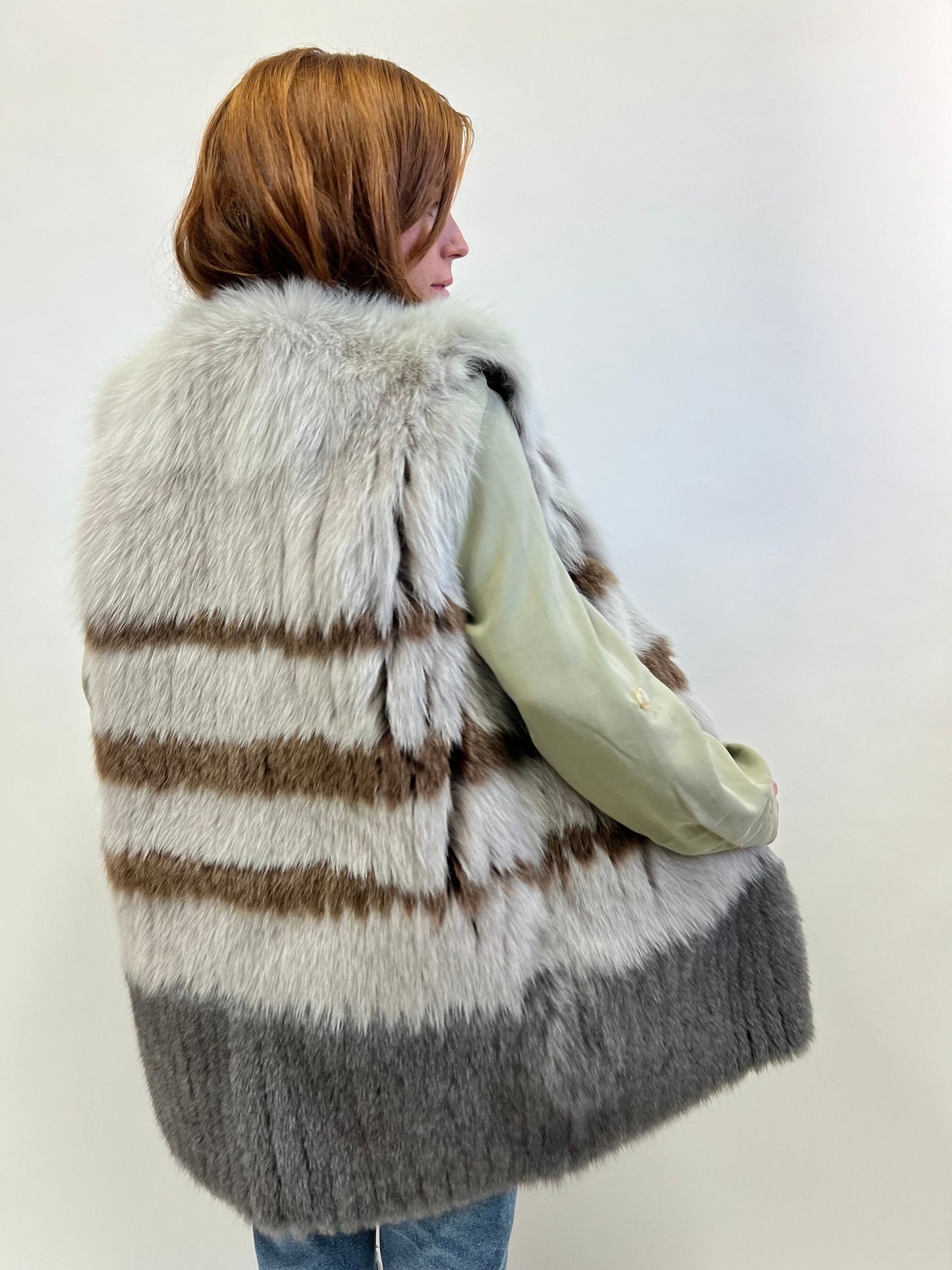 Real Fox Fur Vest: Three-Tone Leather Trim, Size Small