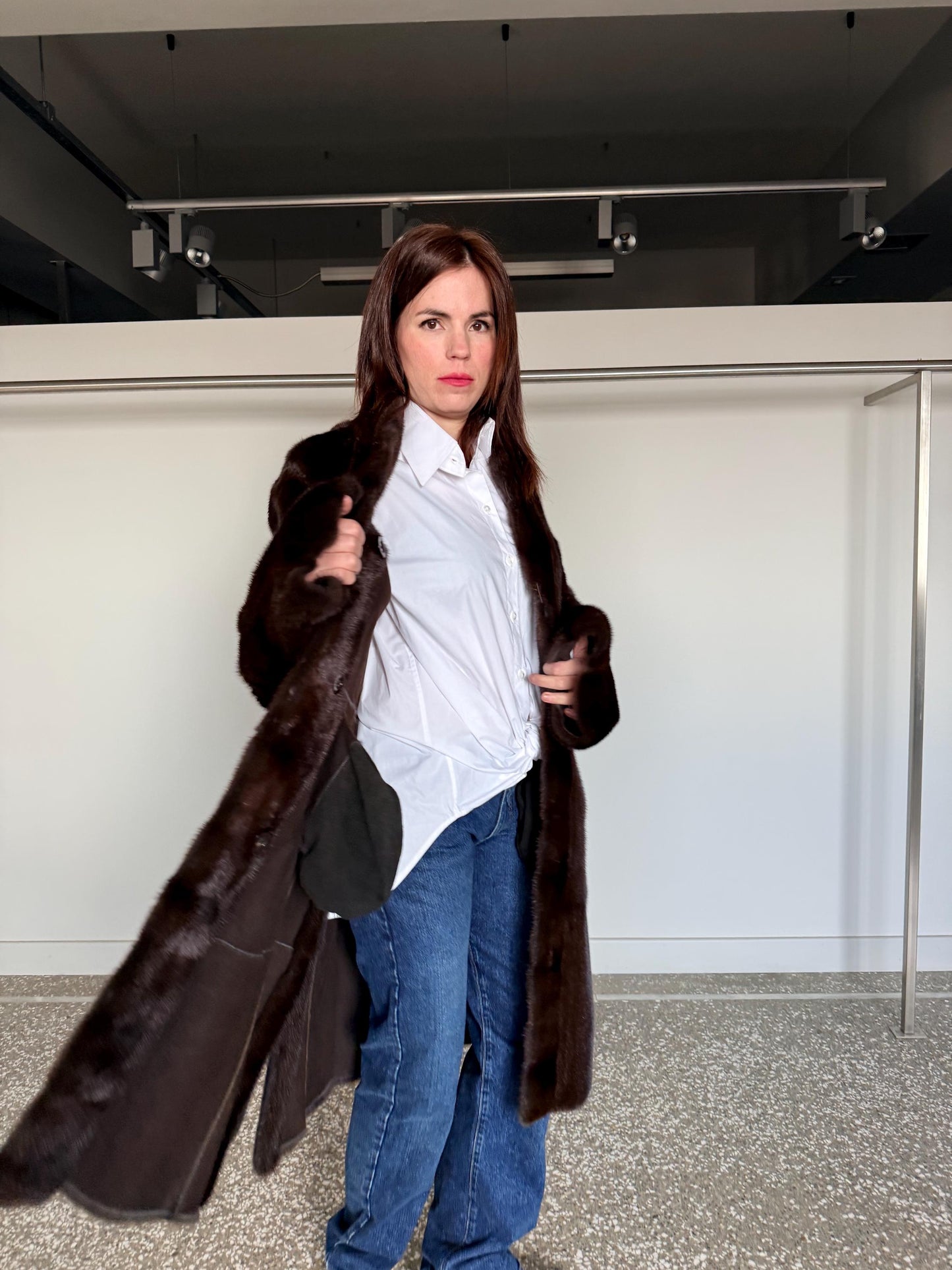 Reversible Demi Buff Mink Fur Coat with Suede Leather: Long Collarless Stroller (Handmade Greece)