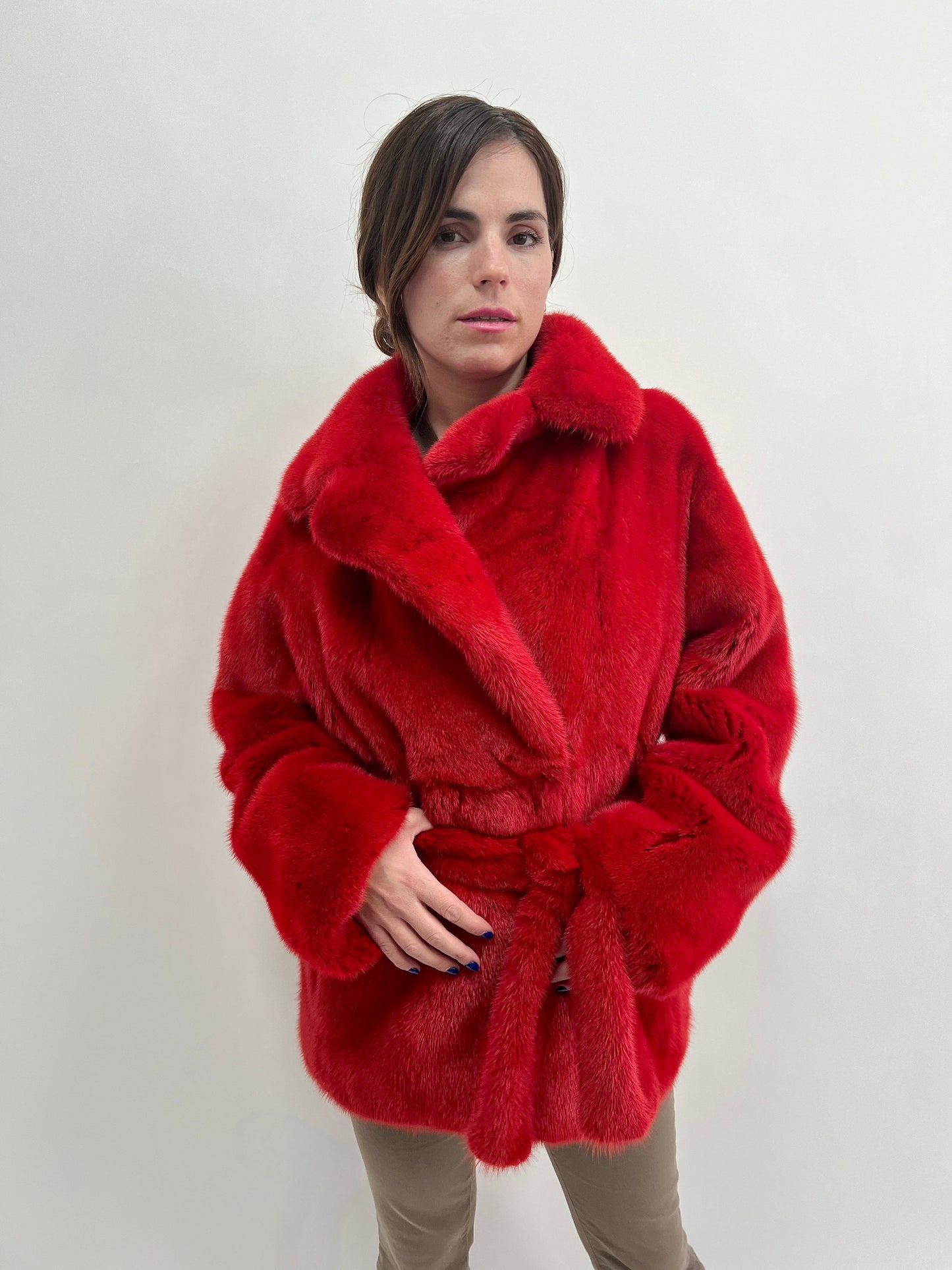 Fire Red Mink Fur Coat: Saga Quality Belted Jacket