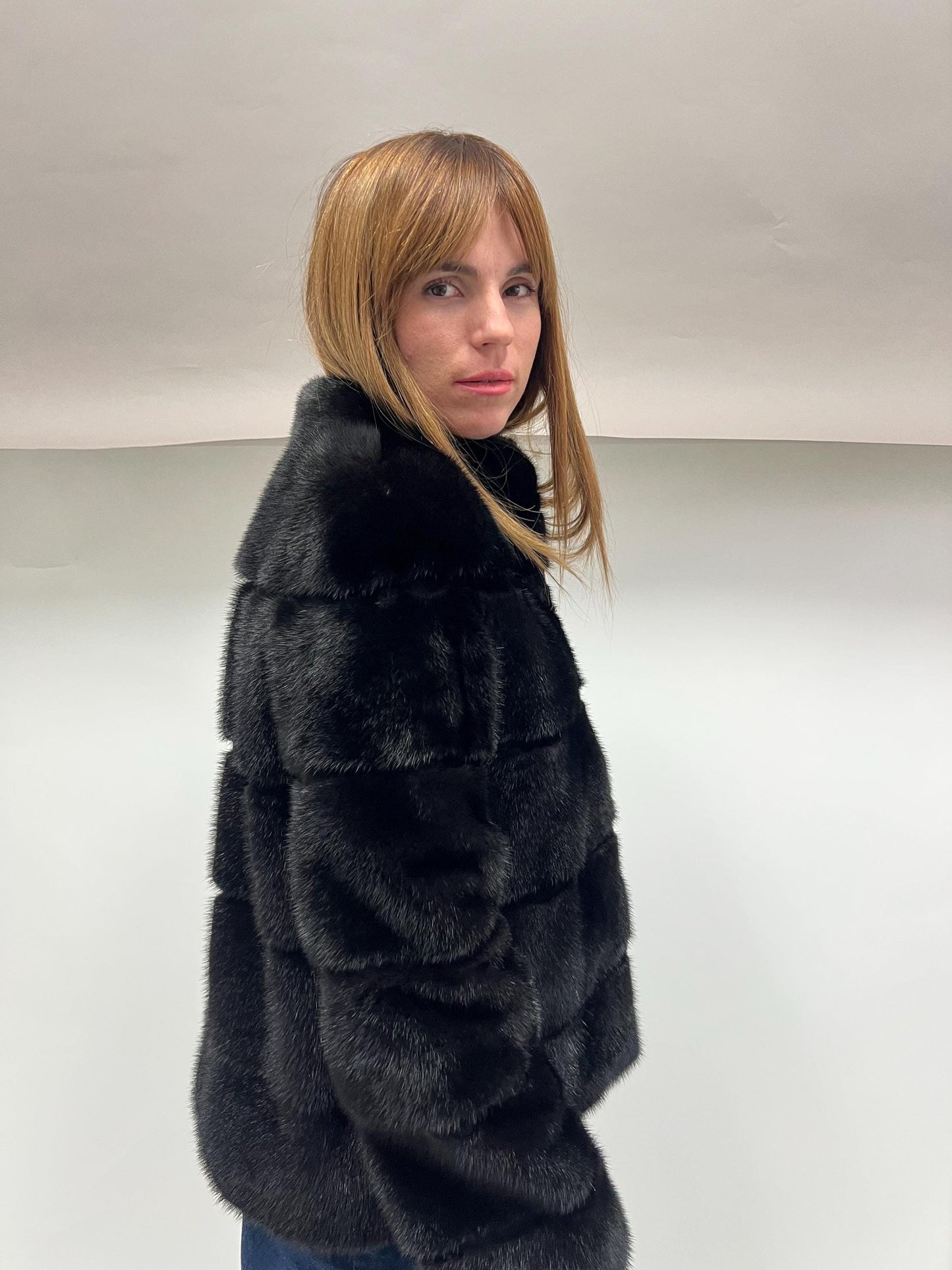 Saga Mink Fur Bolero Jacket: Black Horizontal Collar, Full Skin