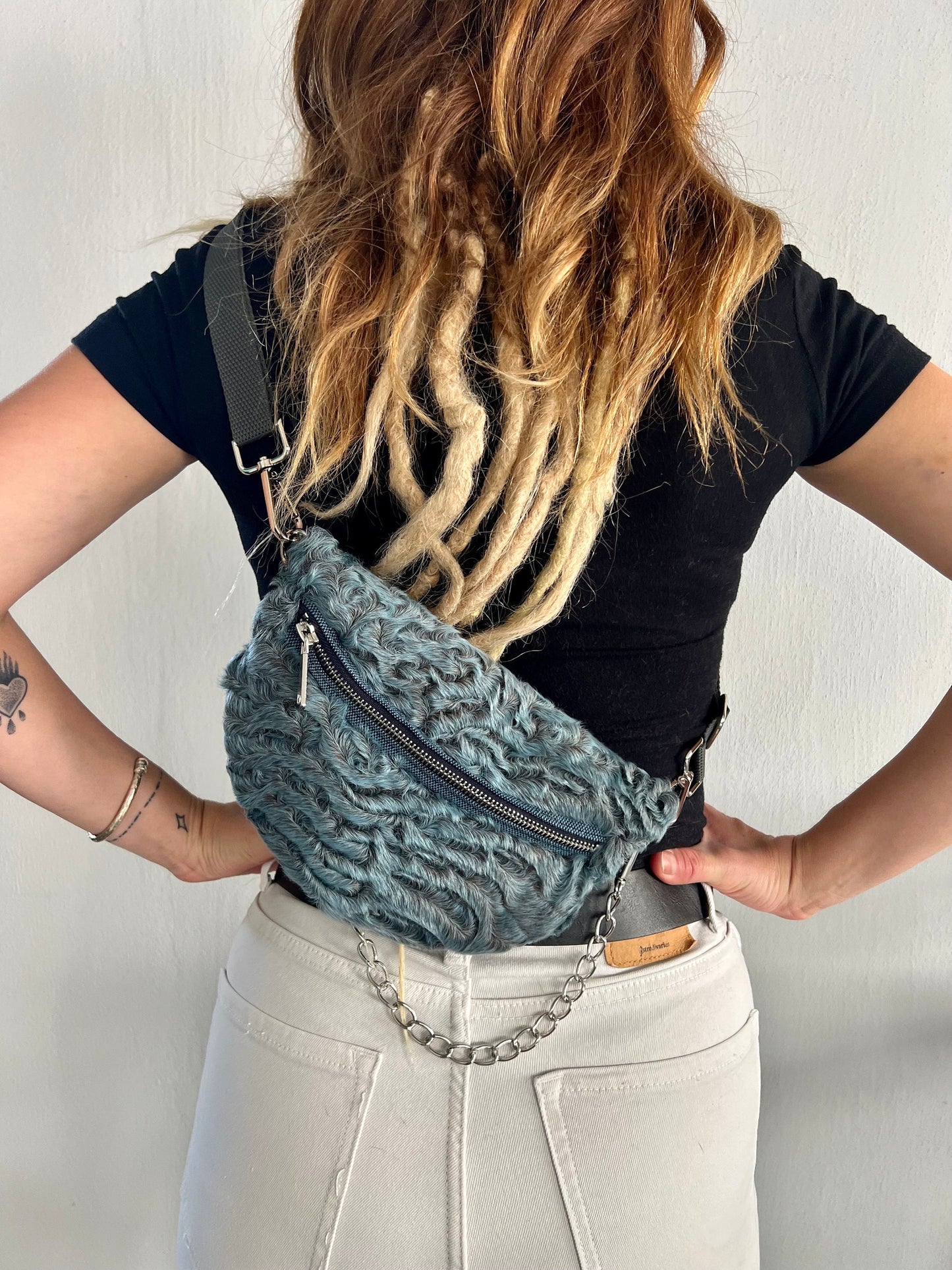 Gray Mink Fur Bumbag with Chain: Handmade Leather Fanny Pack