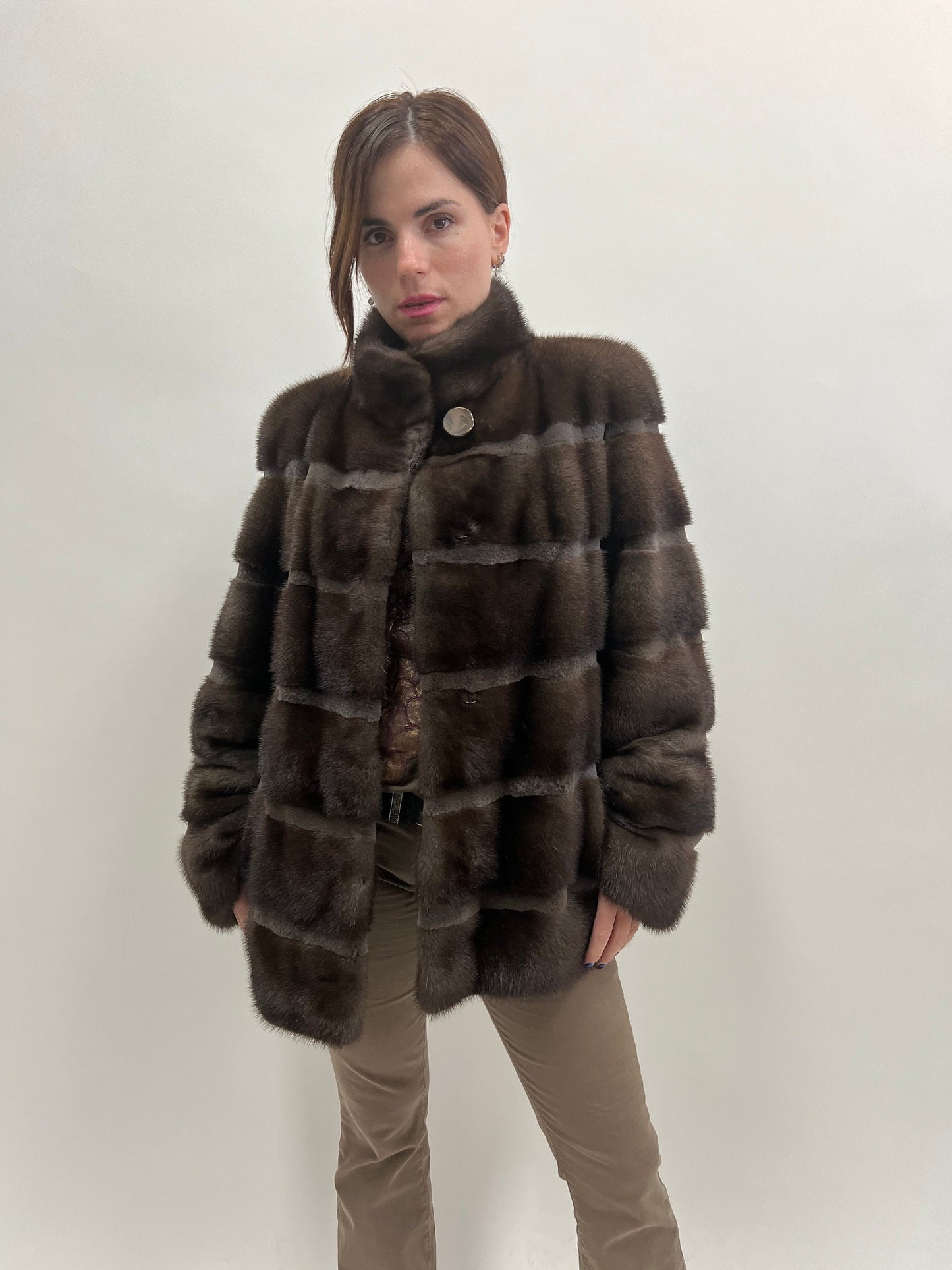Brown Mink Fur Coat, Saga Sheared Trim, Handmade in Greece