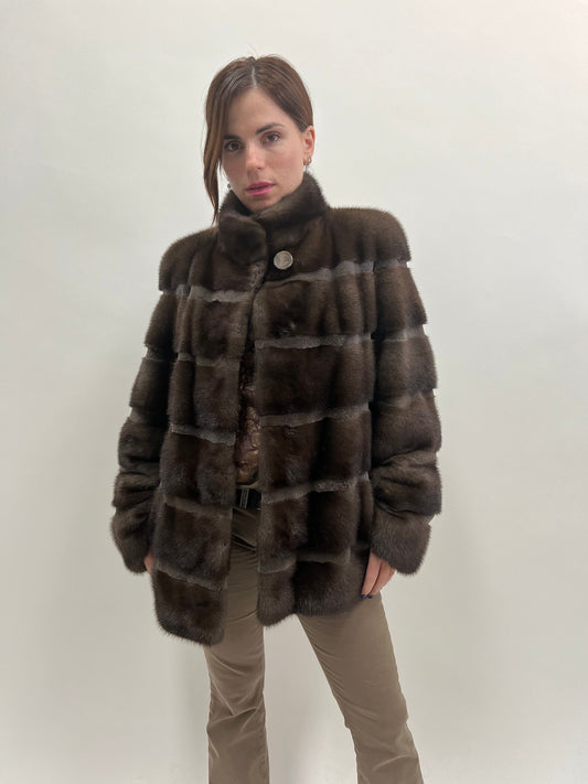 Brown Mink Fur Coat, Saga Sheared Trim, Handmade in Greece