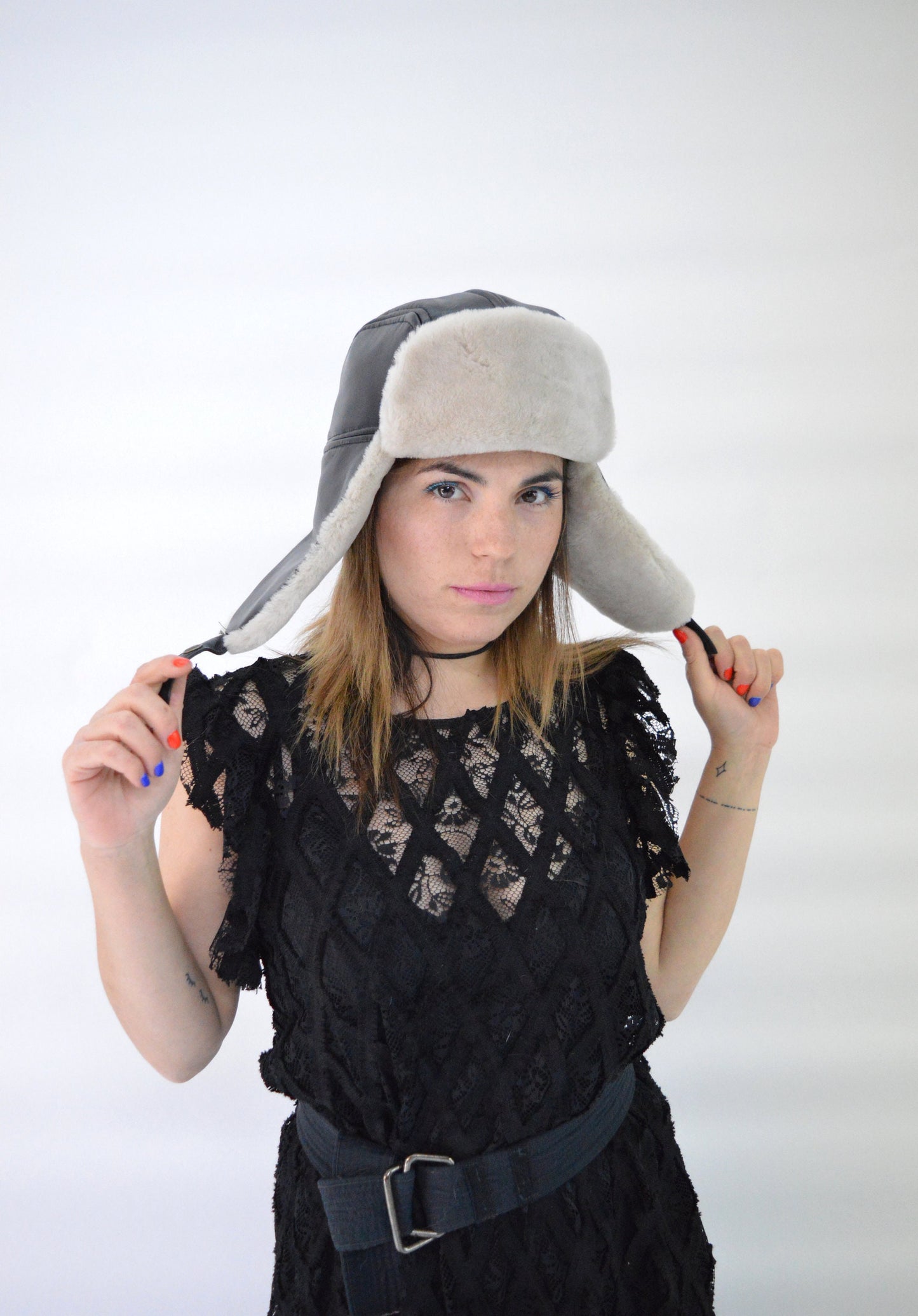 Shearling Fur Trapper Hat: Cream & Bordeaux Sheepskin Aviator Style