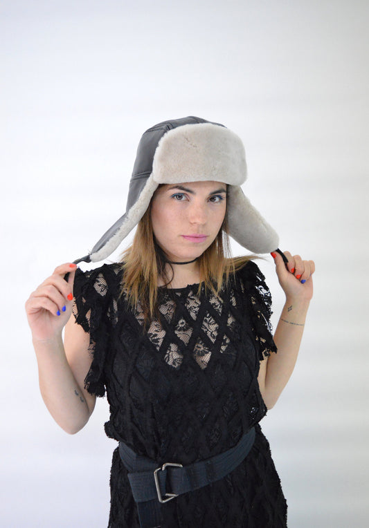 Shearling Fur Trapper Hat: Cream & Bordeaux Sheepskin Aviator Style
