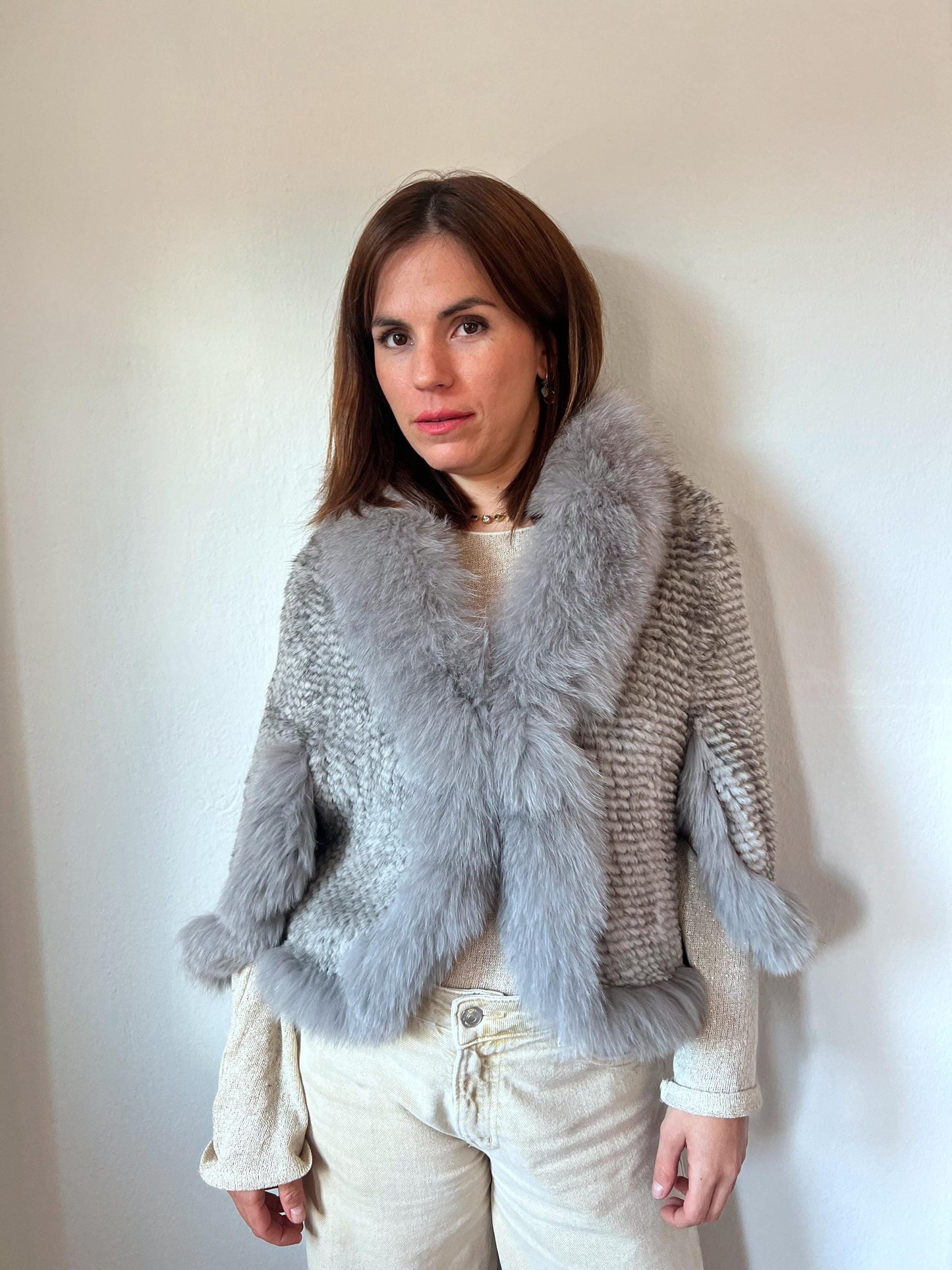 Handwoven Mink Fur Cape with Fox Fur Trim - Light Gray Poncho