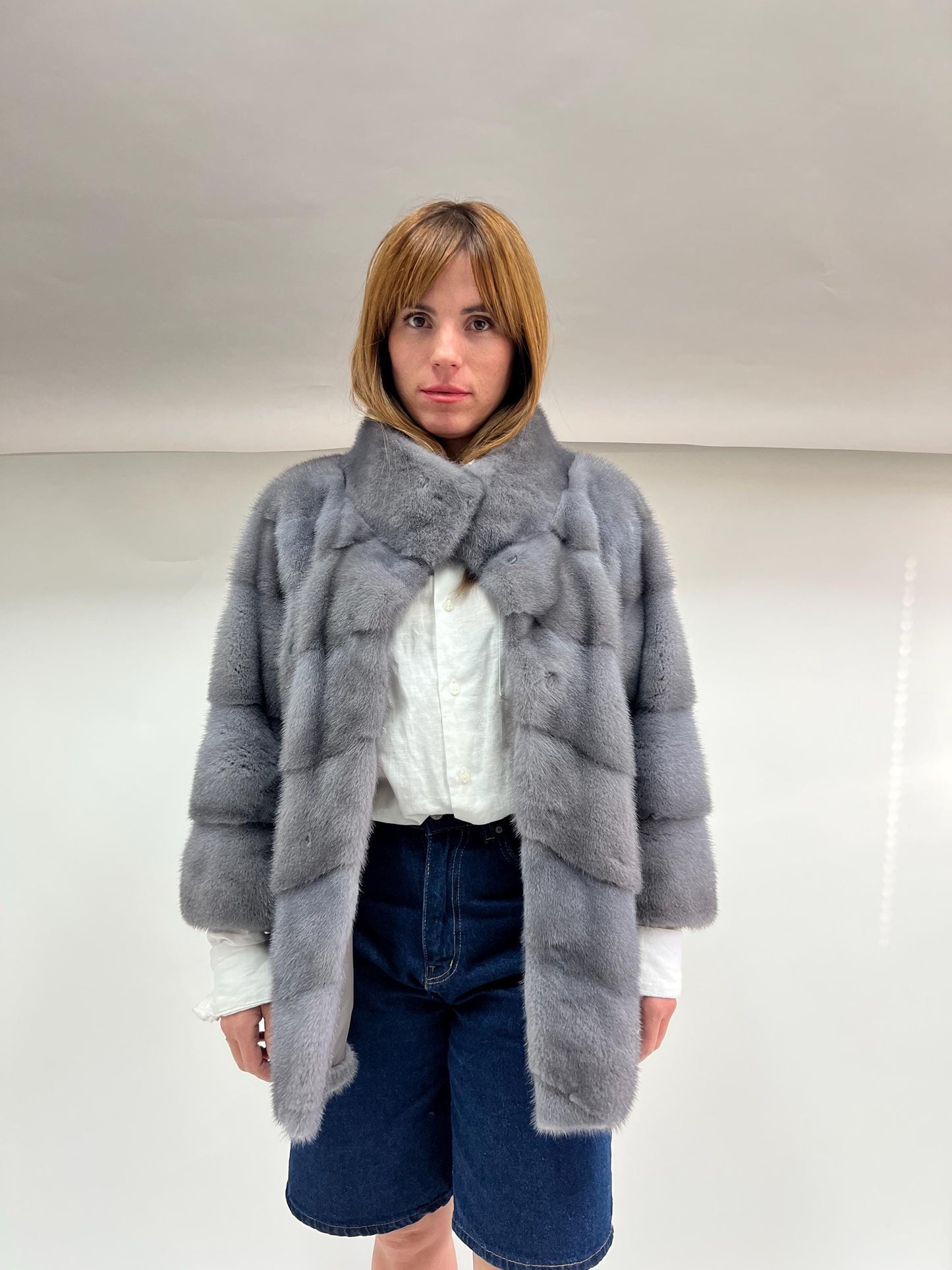 Real Silver Grey Mink Fur Coat - Saga Pelt, High Collar