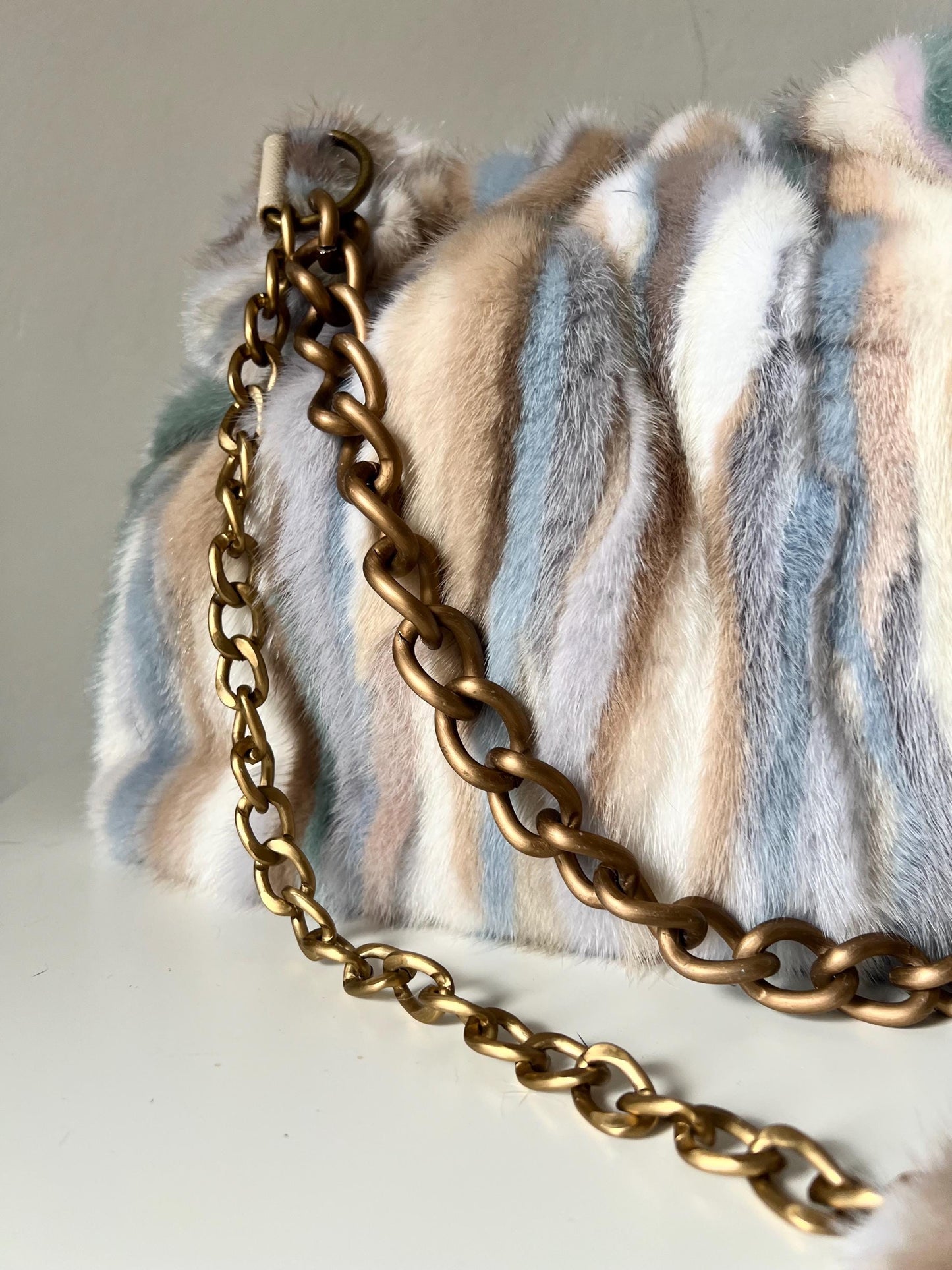 Multicolor Mink Fur Pouch Bag: Slouchy Shoulder Bag with Bronze Straps
