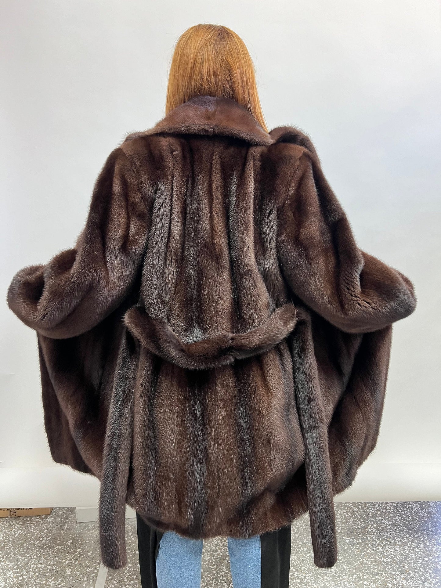 Choco Brown Mink Fur Coat: Big Collar Belted Stroller, Size Medium
