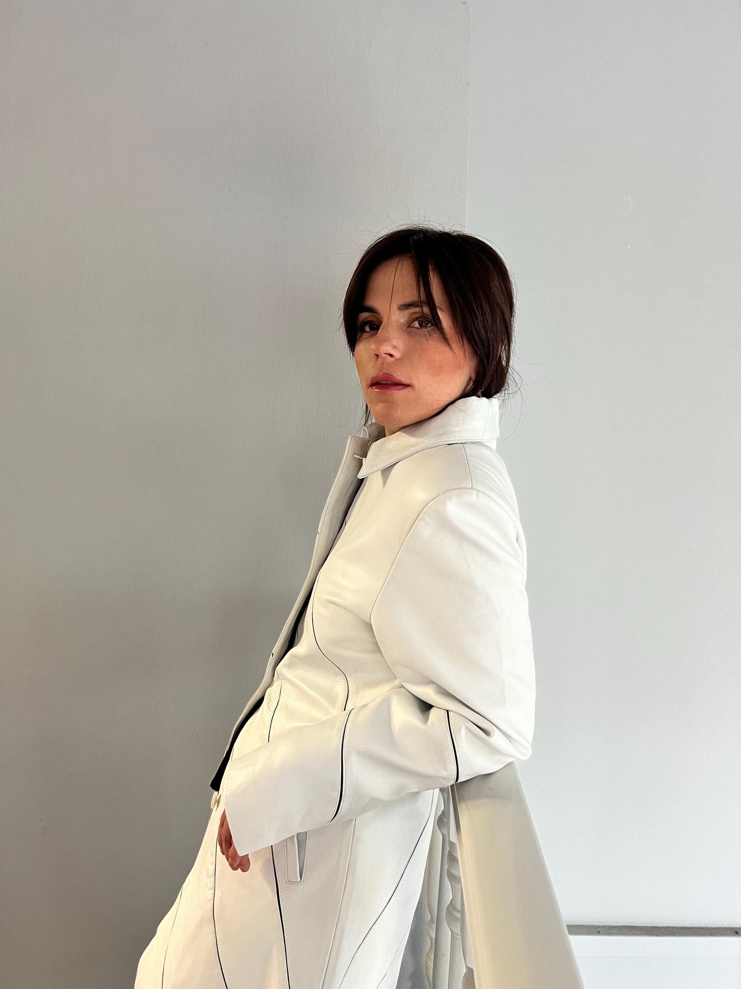 Handmade Nappa Lambskin Leather Coat: White Fitted Silhouette, Made in Greece