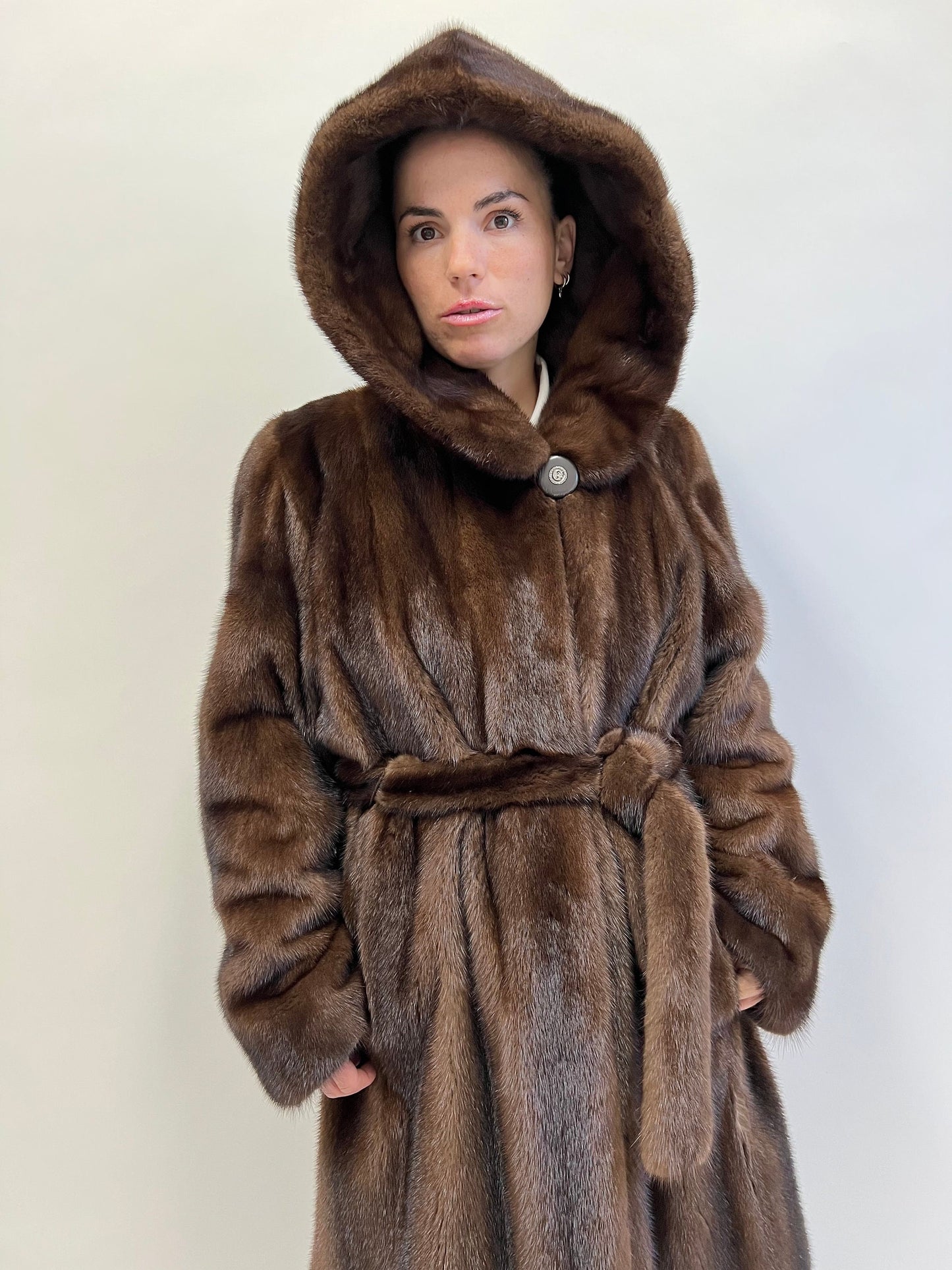 Brown Mink Fur Hooded Coat: Demi Buff Long Stroller, Belted