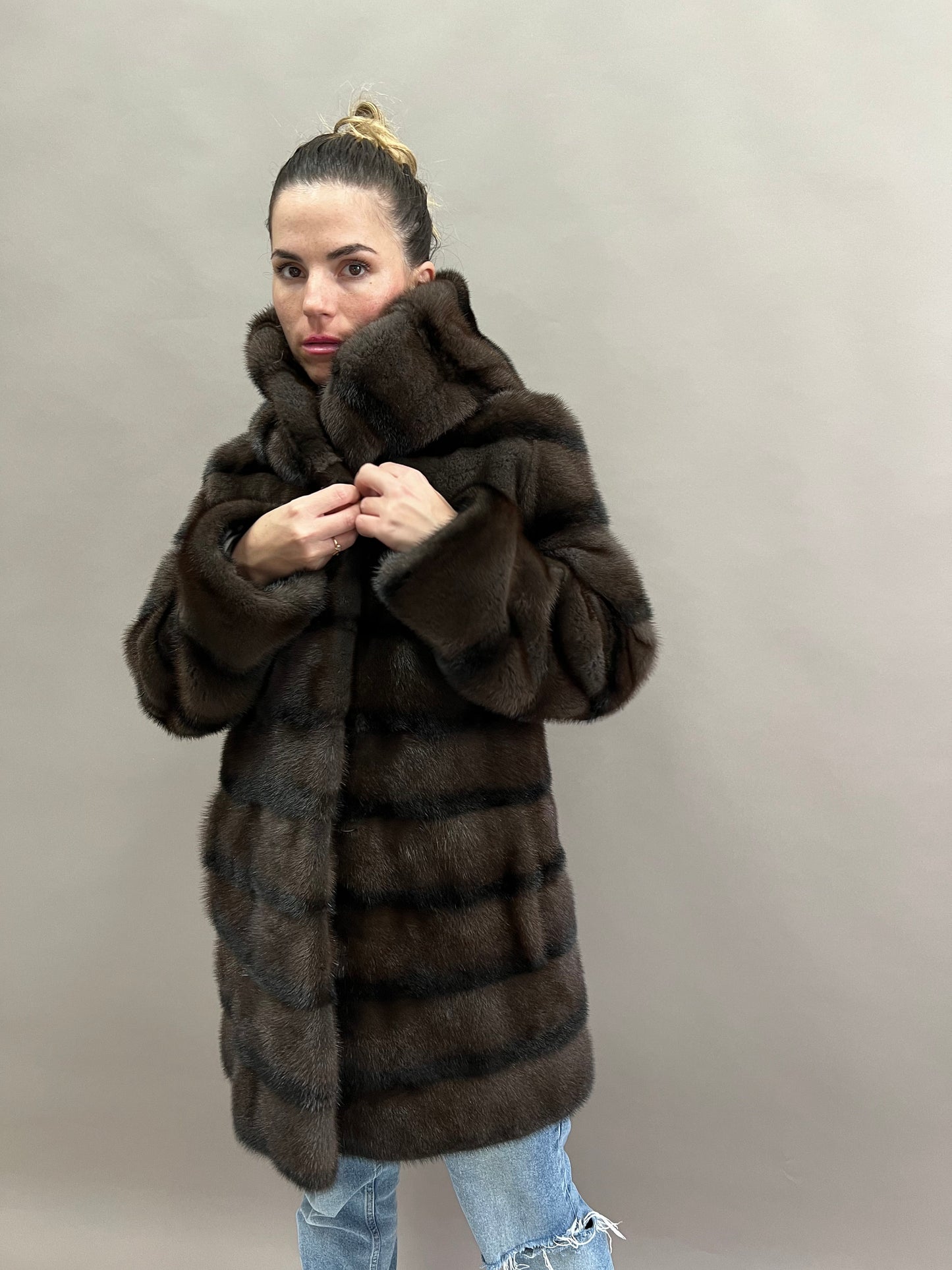 Aurora Brown Mink Fur Hooded Coat: Handmade Luxury Jacket
