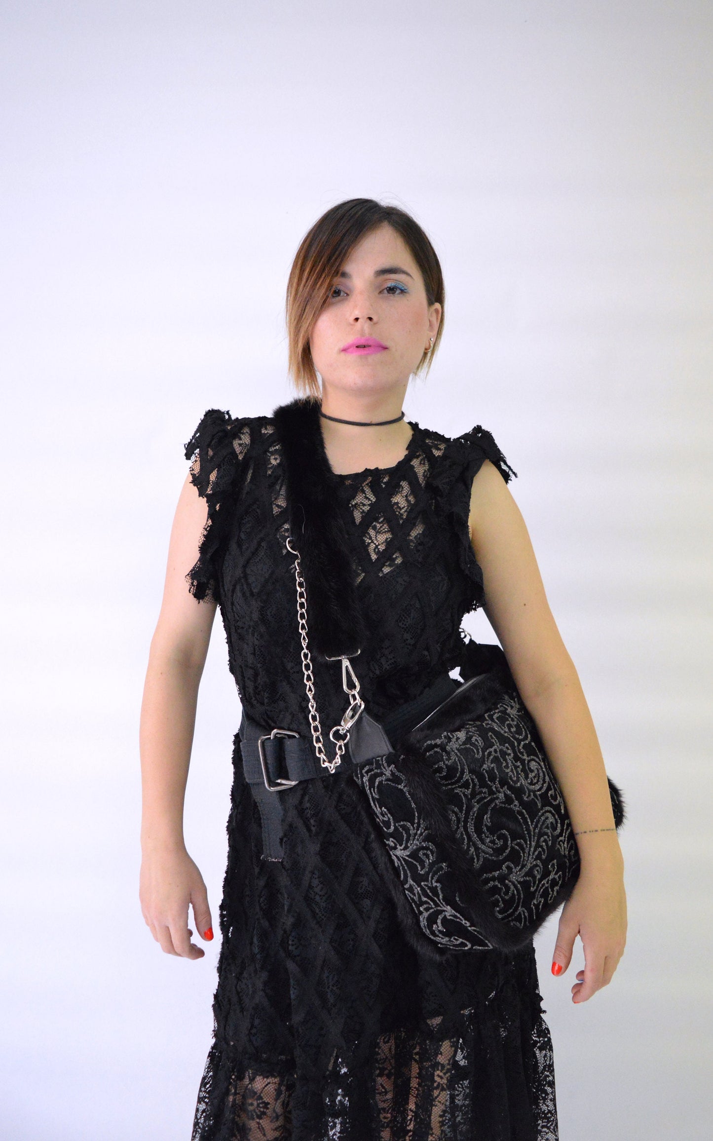 Embroidered Rabbit Fur Shoulder Bag, Mink Trim, Leather Chain Strap