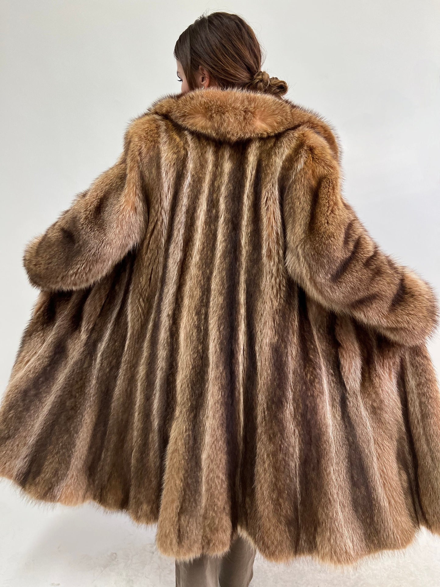 Real Crystal Raccoon Fur Coat: Tan Brown Full Length Godet, Big Collar