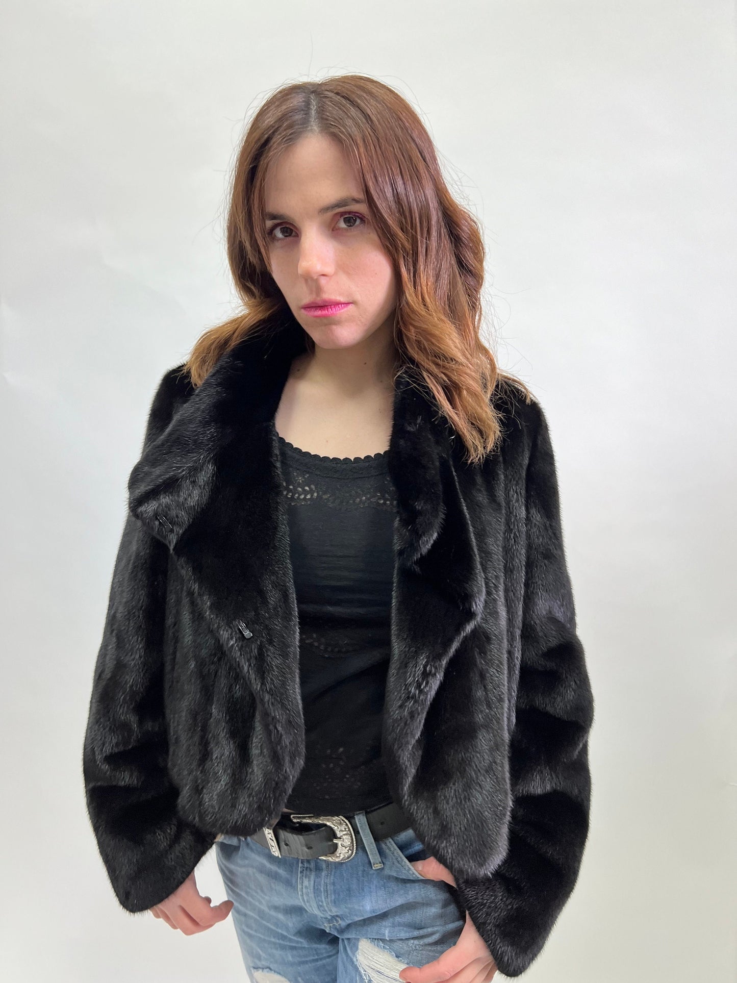 Mink Fur Bolero Jacket: Black Collared Copenhagen Fur, Size Small