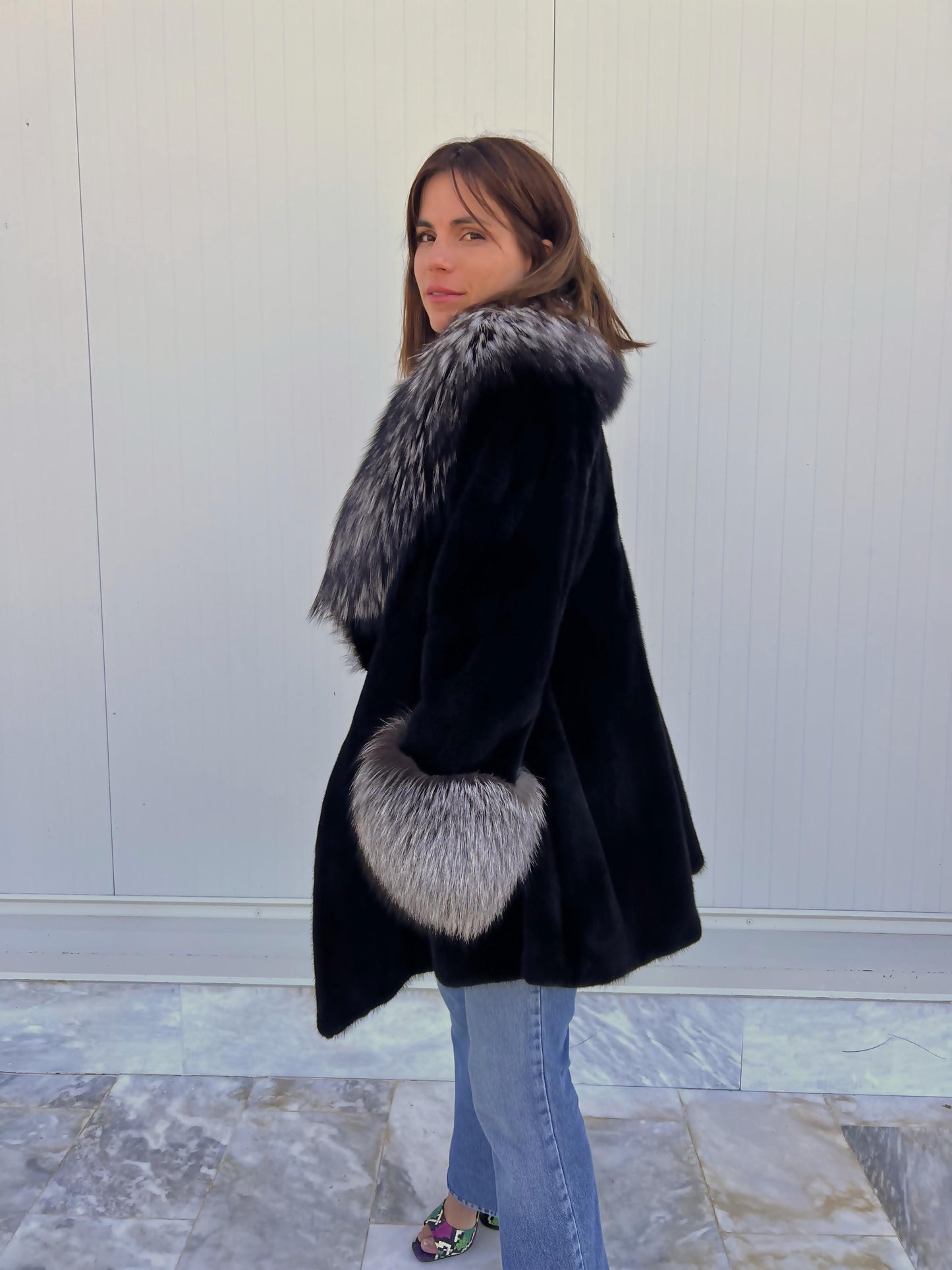 Blackglama Mink Fur Stroller Coat: Silver Fox Collar & Cuffs, Handmade Luxury Jacket (Large)