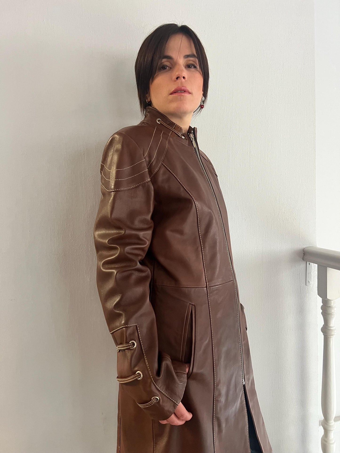 Handmade Nappa Lamb Leather Coat: Tobacco Brown Zip Front