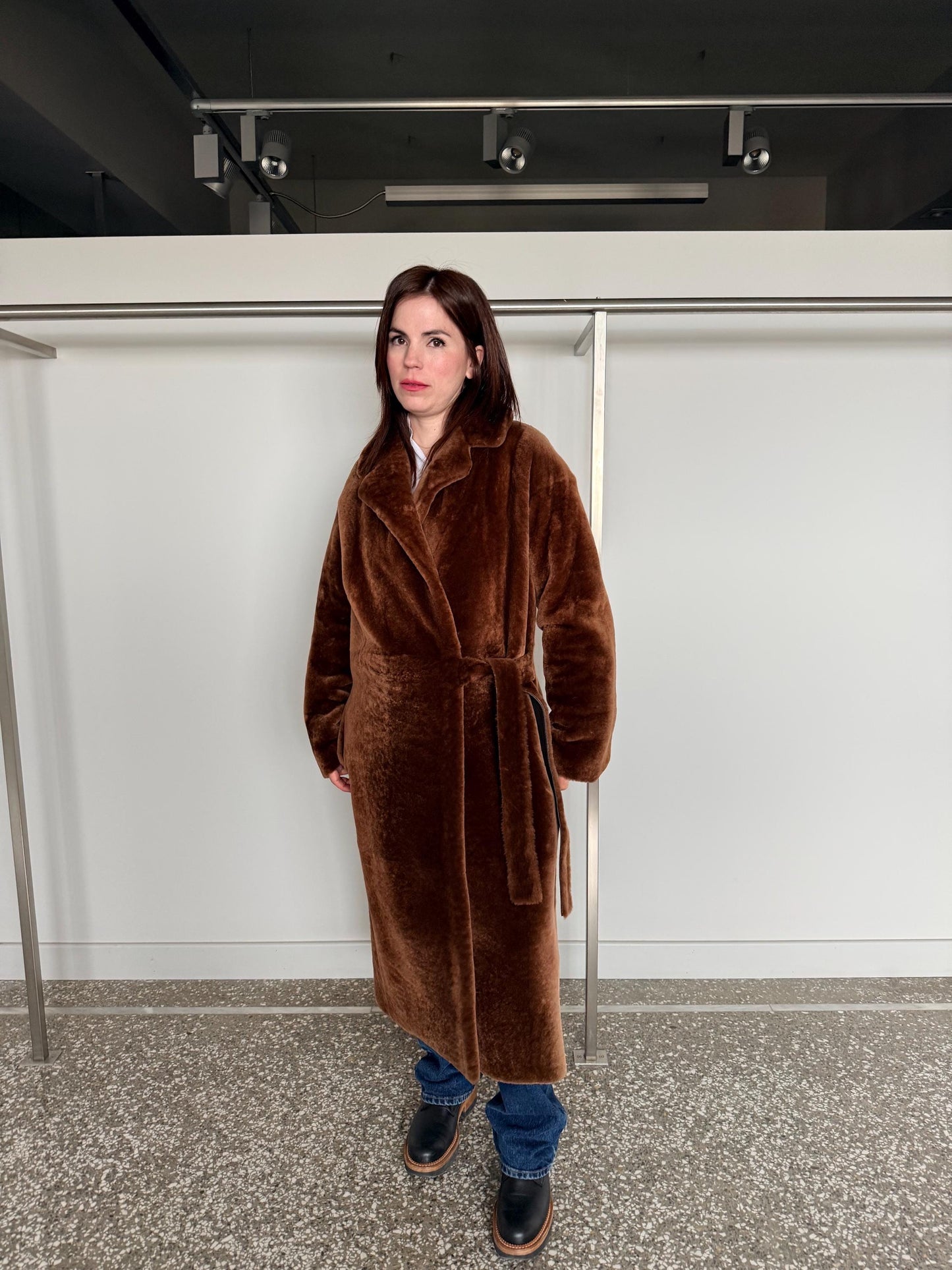 Reversible Merino Shearling Leather Coat: Bronze Sheepskin Stroller Tie Belt