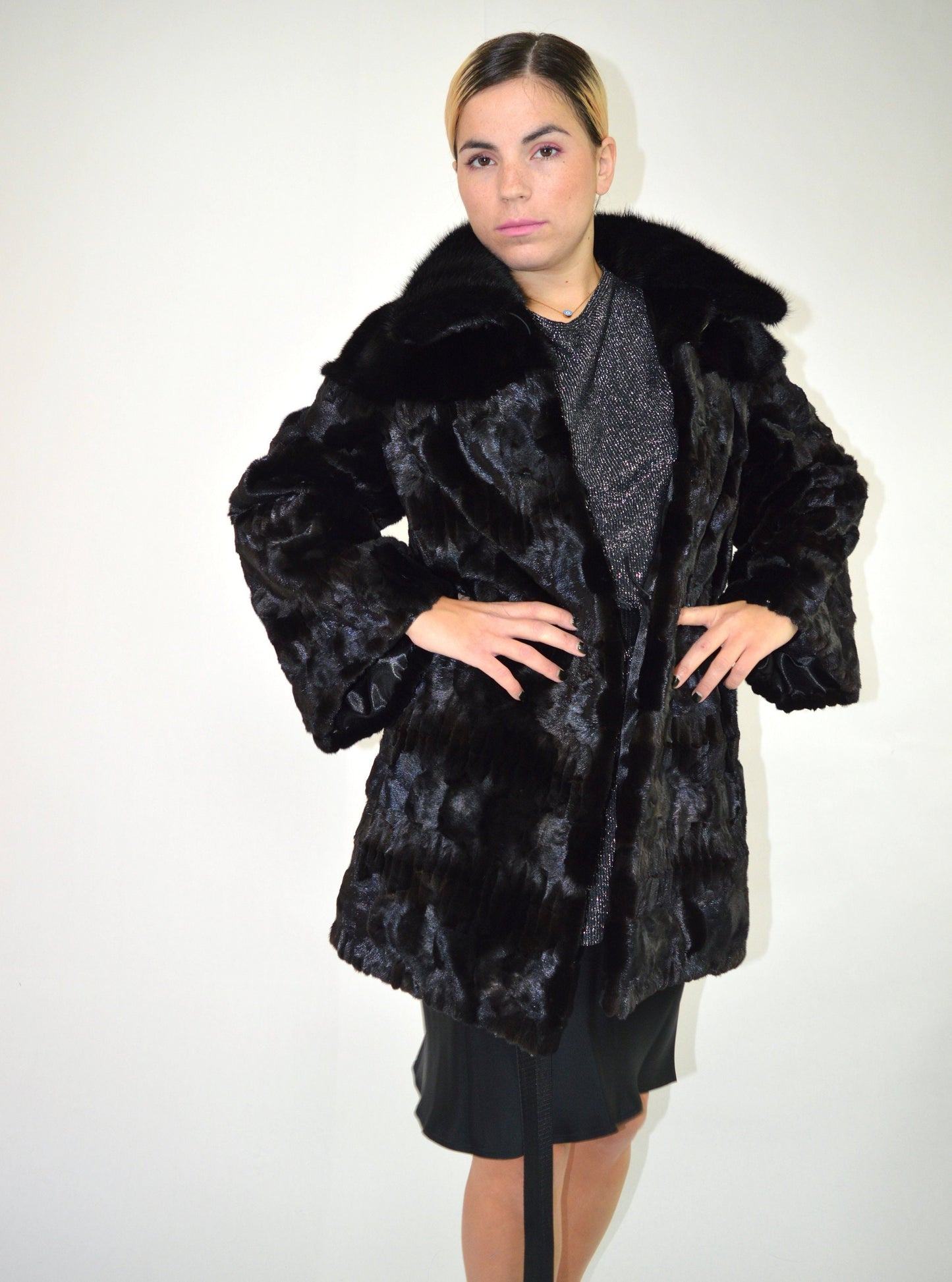 Black Mink Fur Jacket, Genuine Fur Pelt,with Collar