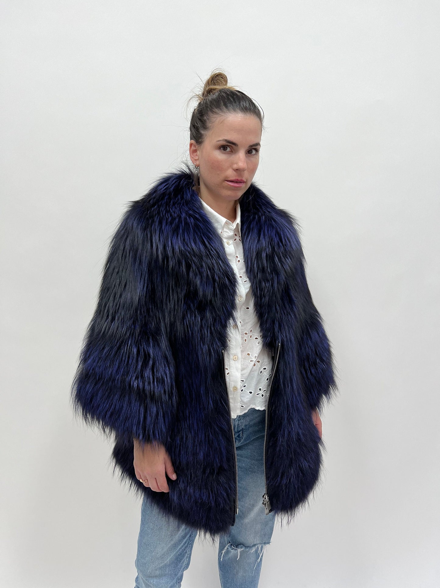 Real Navy Blue Fox Fur Coat: Luxury Women's Stroller, Size Large