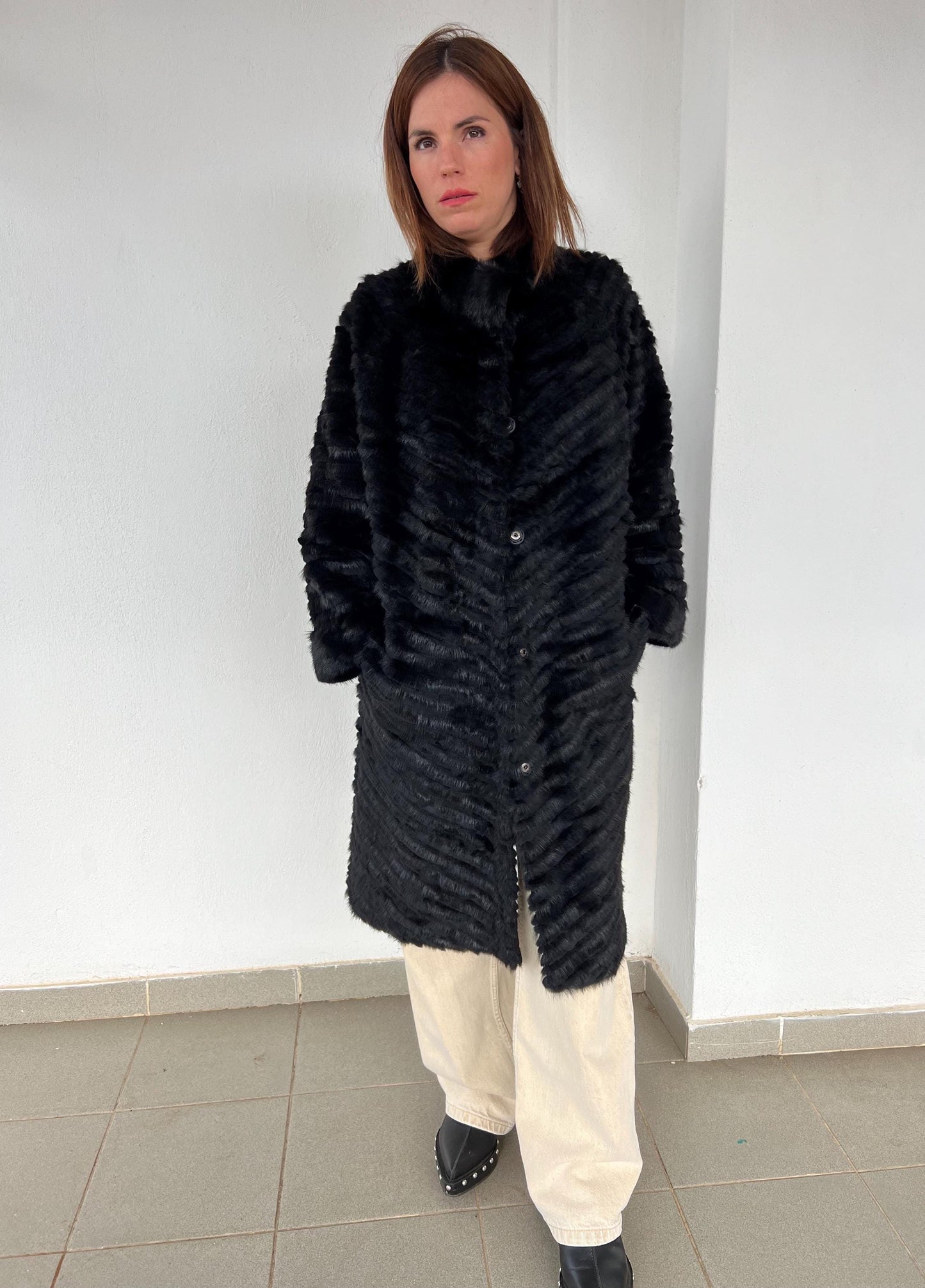 Handwoven Black Mink Fur Coat - Wool Lined Jacket