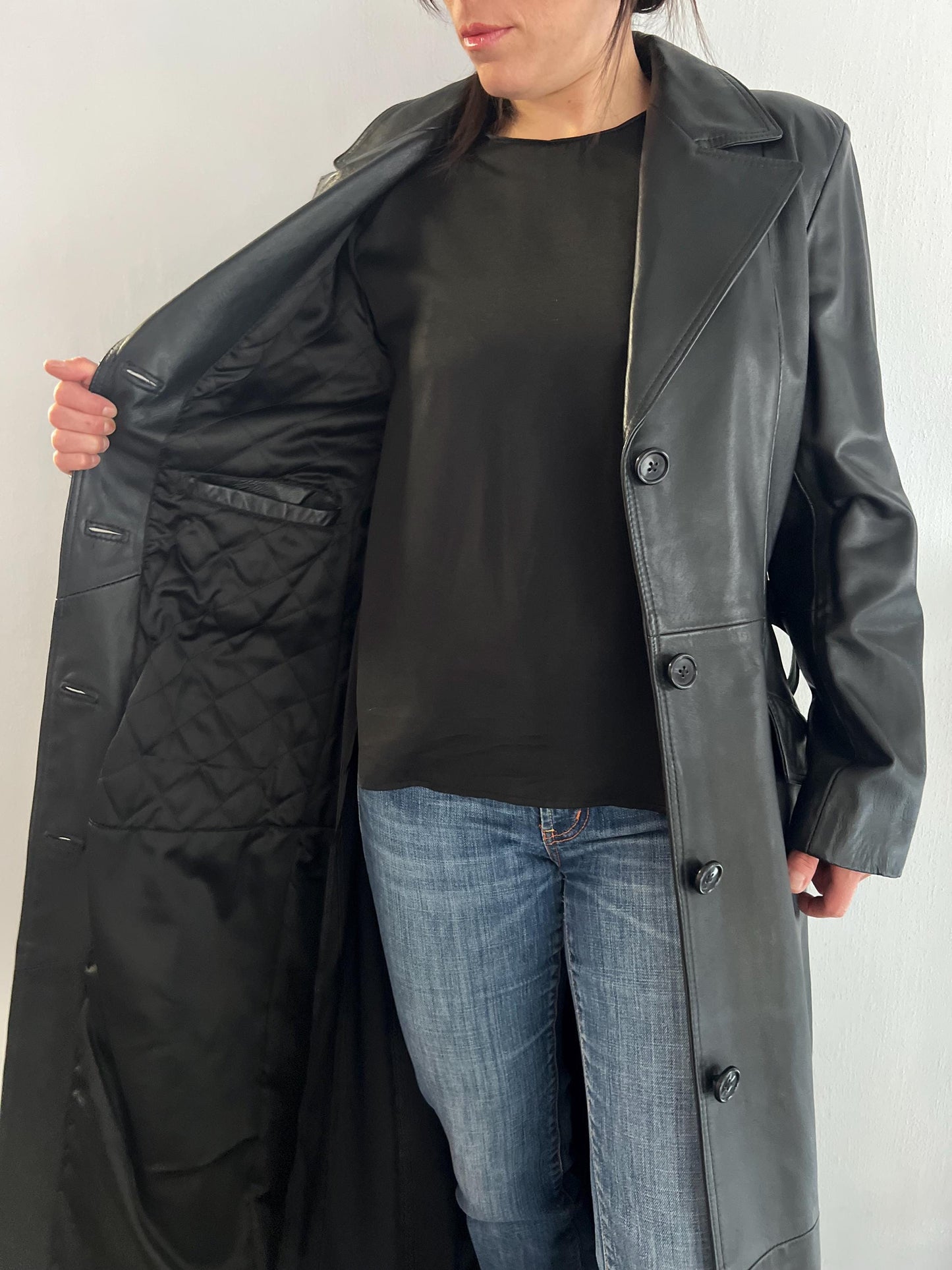Handcrafted Nappa Leather Overcoat: Full Length Black Belted Coat, Small