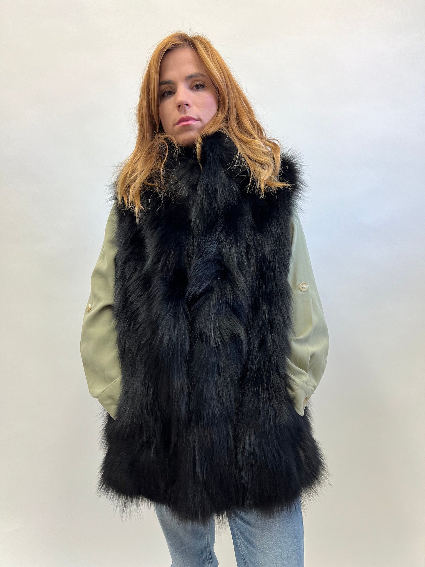Real Black Fox Fur Vest, Genuine Pelt Winter Jacket, Medium