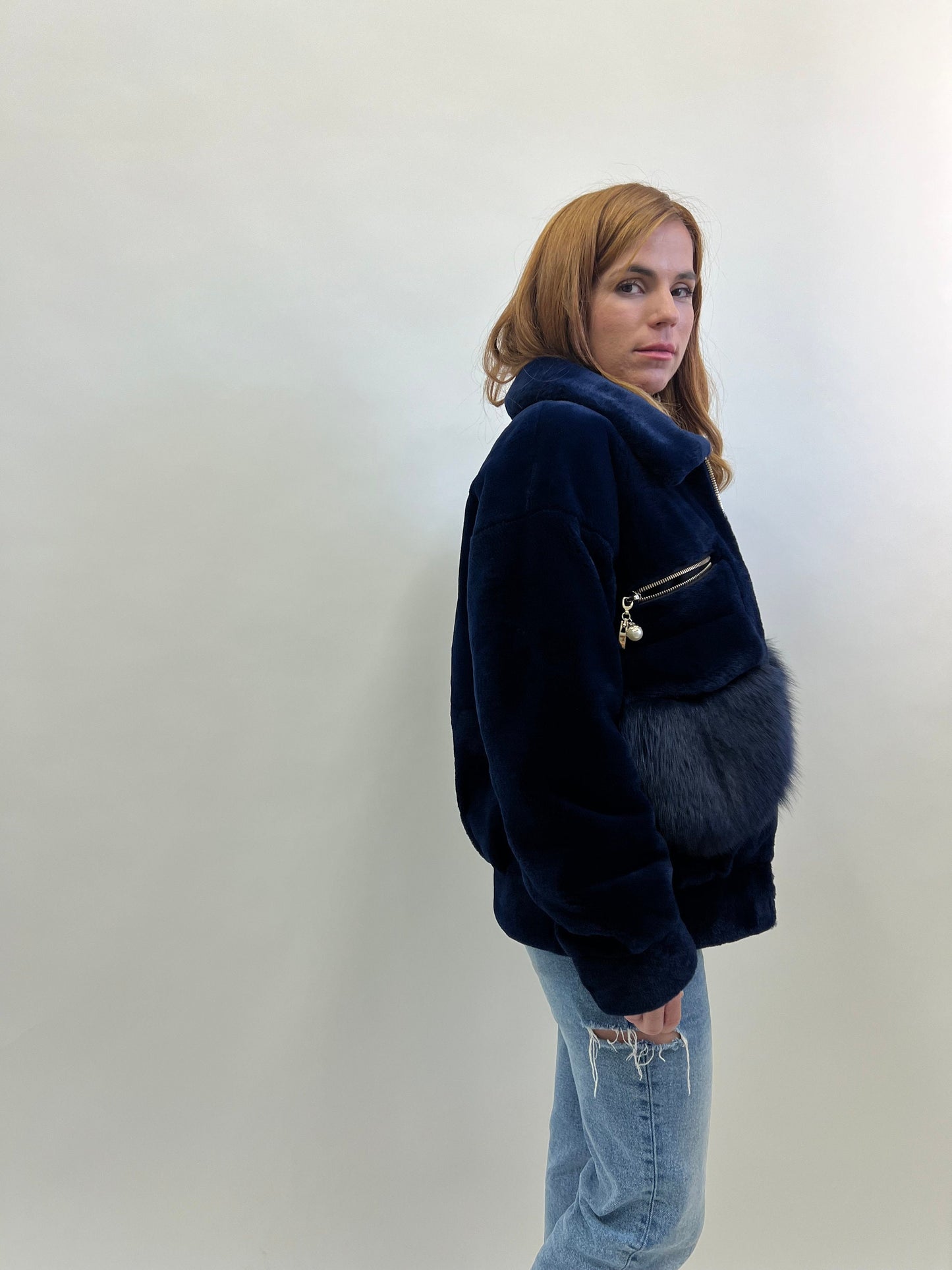 Sheared Rabbit Fur Bomber Jacket with Fox Details