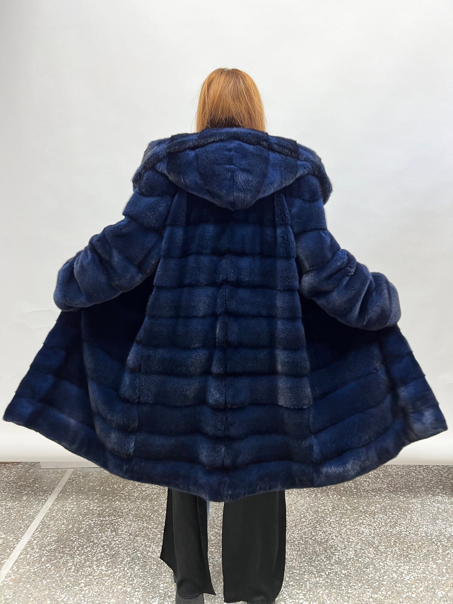Handmade Navy Blue Mink Fur Hooded Coat, 2XL
