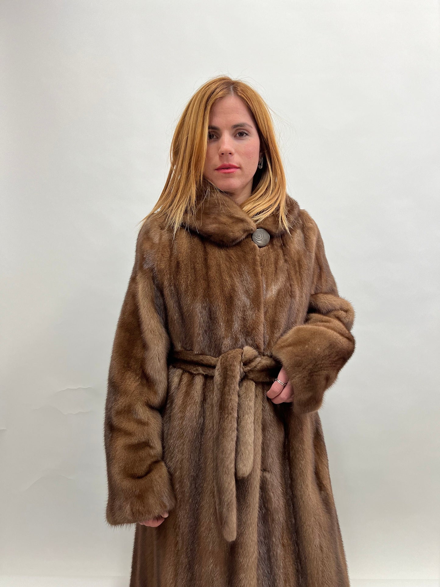 Handmade Brown Mink Fur Hooded Coat - Demi Buff Pelts, Made in Greece