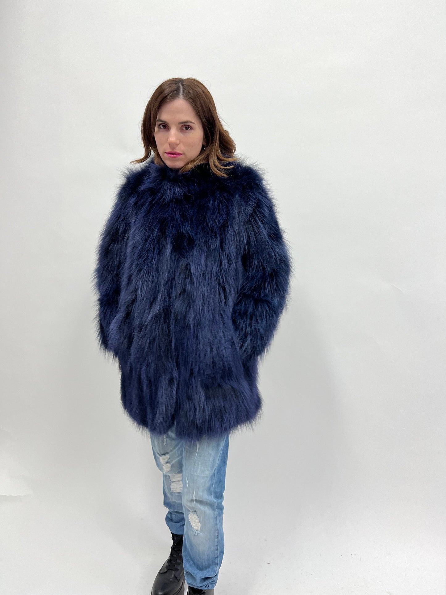 Real Denim Blue Fox Fur Coat - Winter Luxury