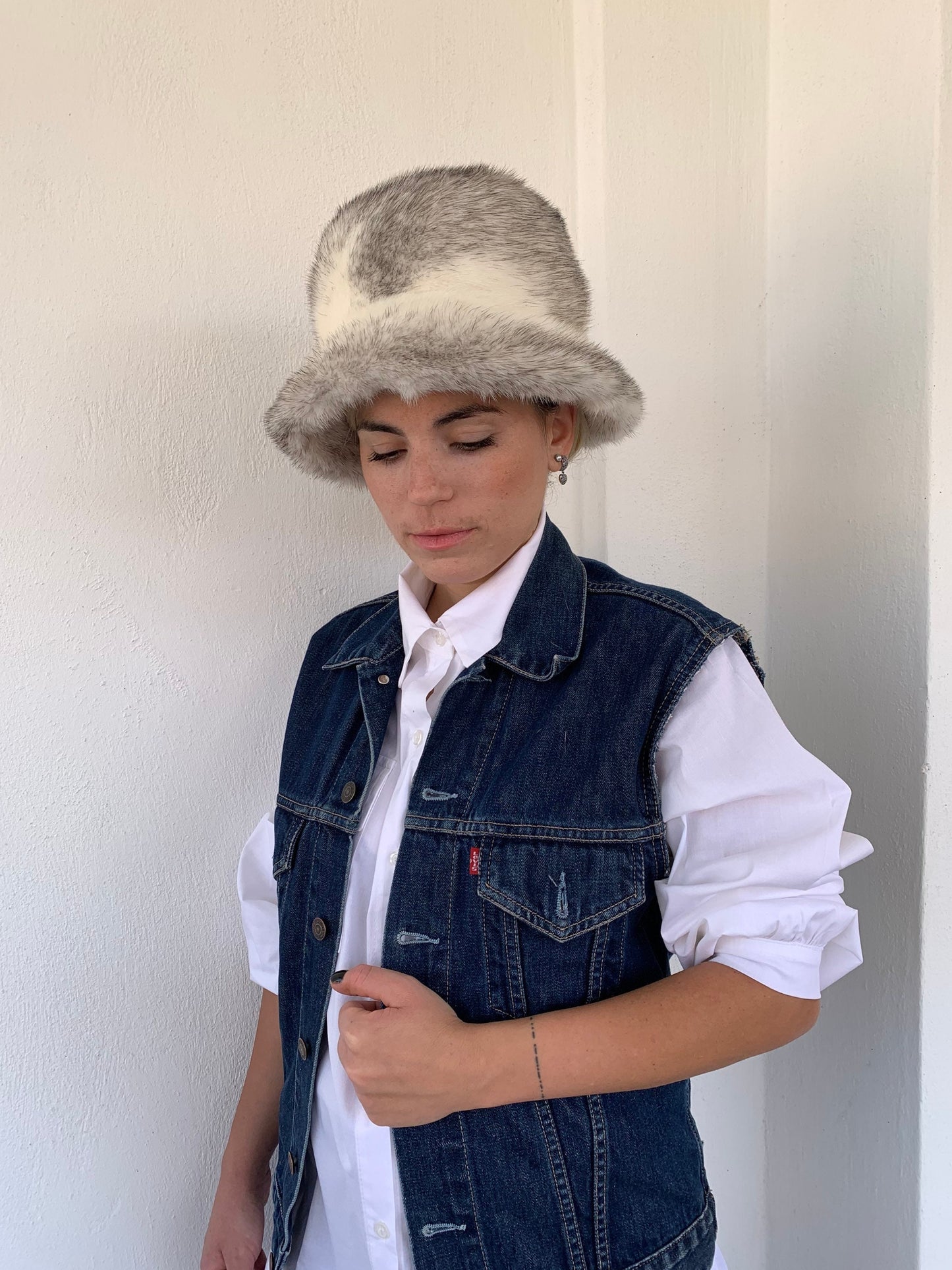 Real Mink Fur Bucket Hat: Silver Cross Design, Padded Lining